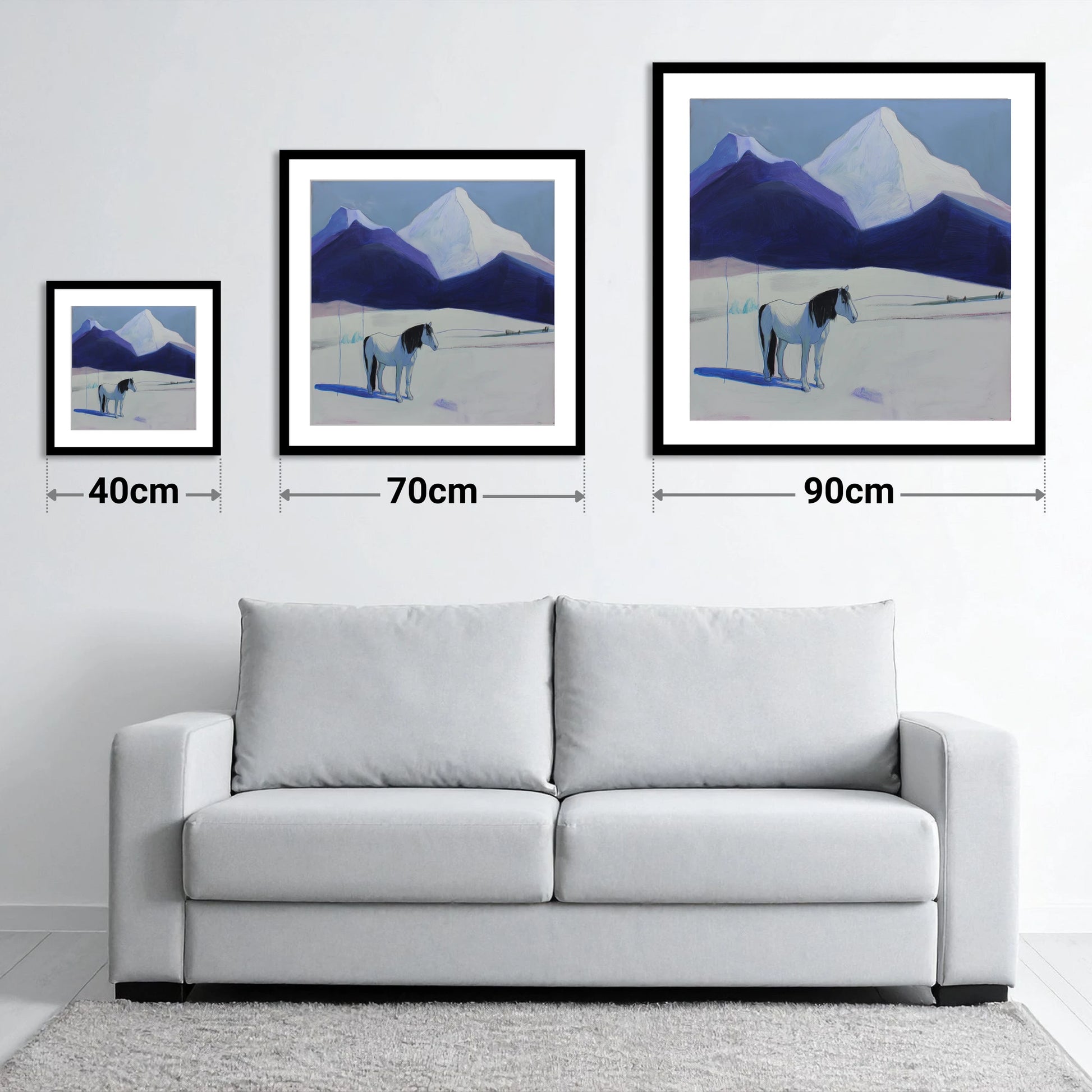 Alpine Silence - size guide showing 40cm, 70cm and 90cm art prints