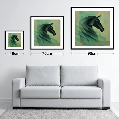 Modernist Equine Profile - size guide showing 40cm, 70cm and 90cm art prints