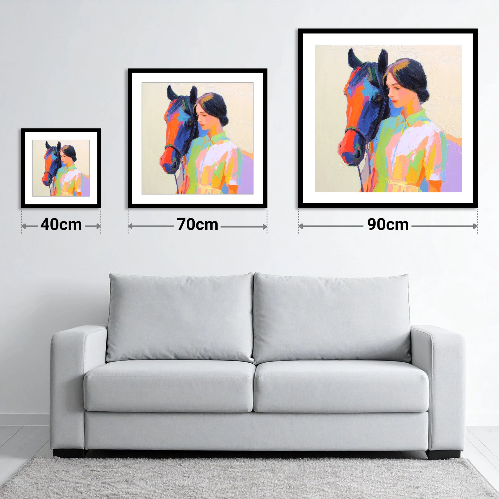 Radiant Companionship - size guide showing 40cm, 70cm and 90cm art prints