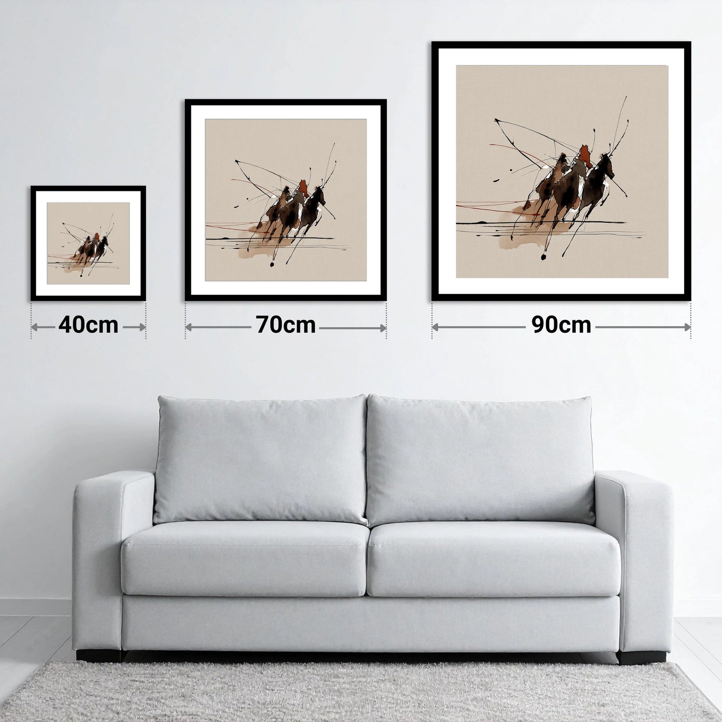 Abstract Polo Charge - size guide showing 40cm, 70cm and 90cm art prints
