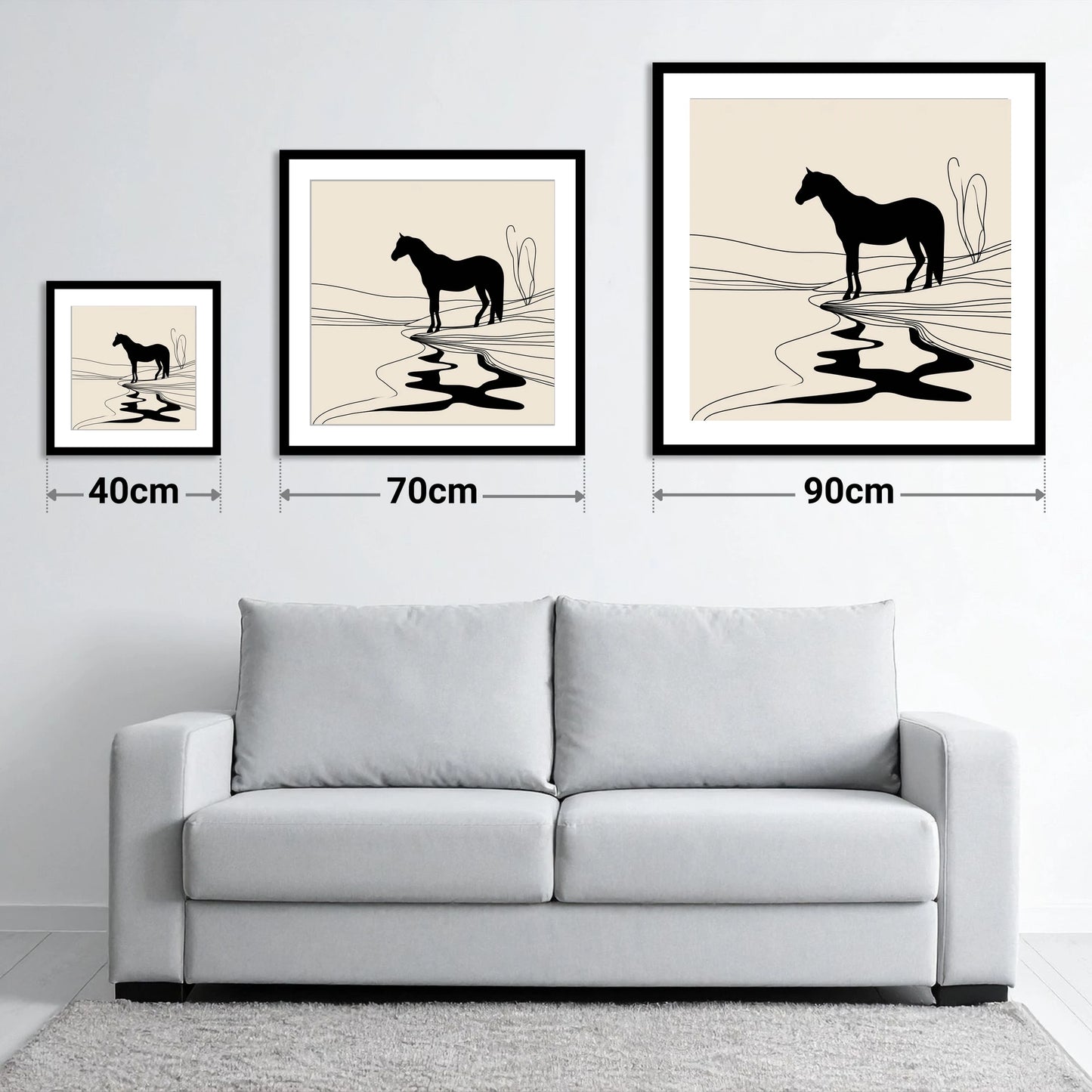 The Silent Oasis - size guide showing 40cm, 70cm and 90cm art prints