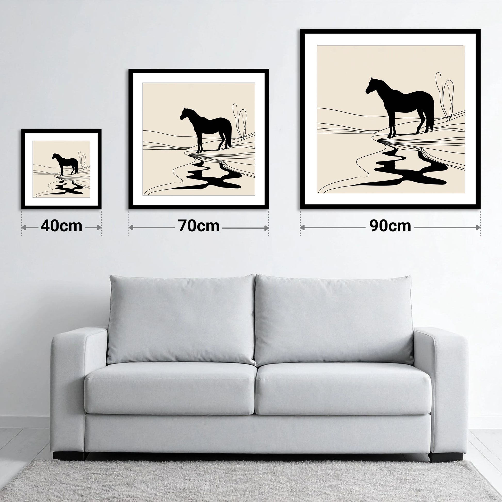 The Silent Oasis - size guide showing 40cm, 70cm and 90cm art prints