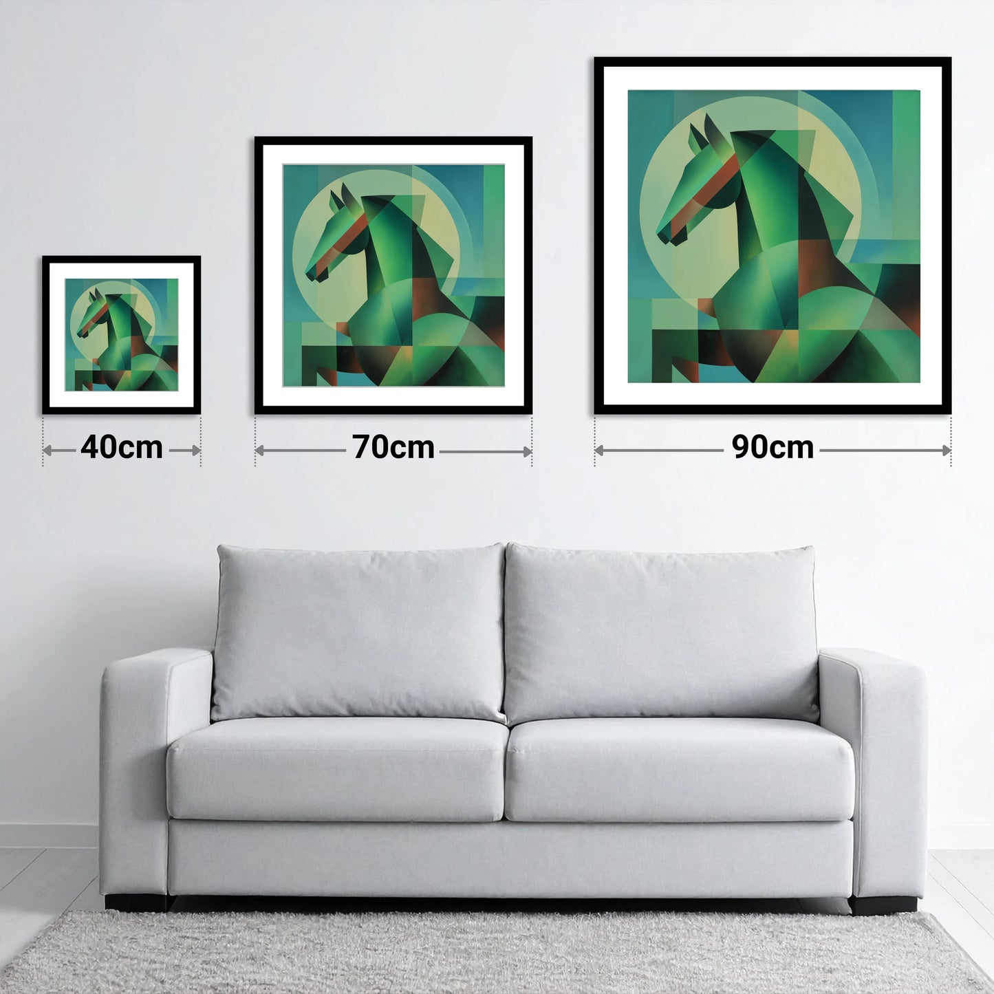 Geometric Emerald Profile - size guide showing 40cm, 70cm and 90cm art prints