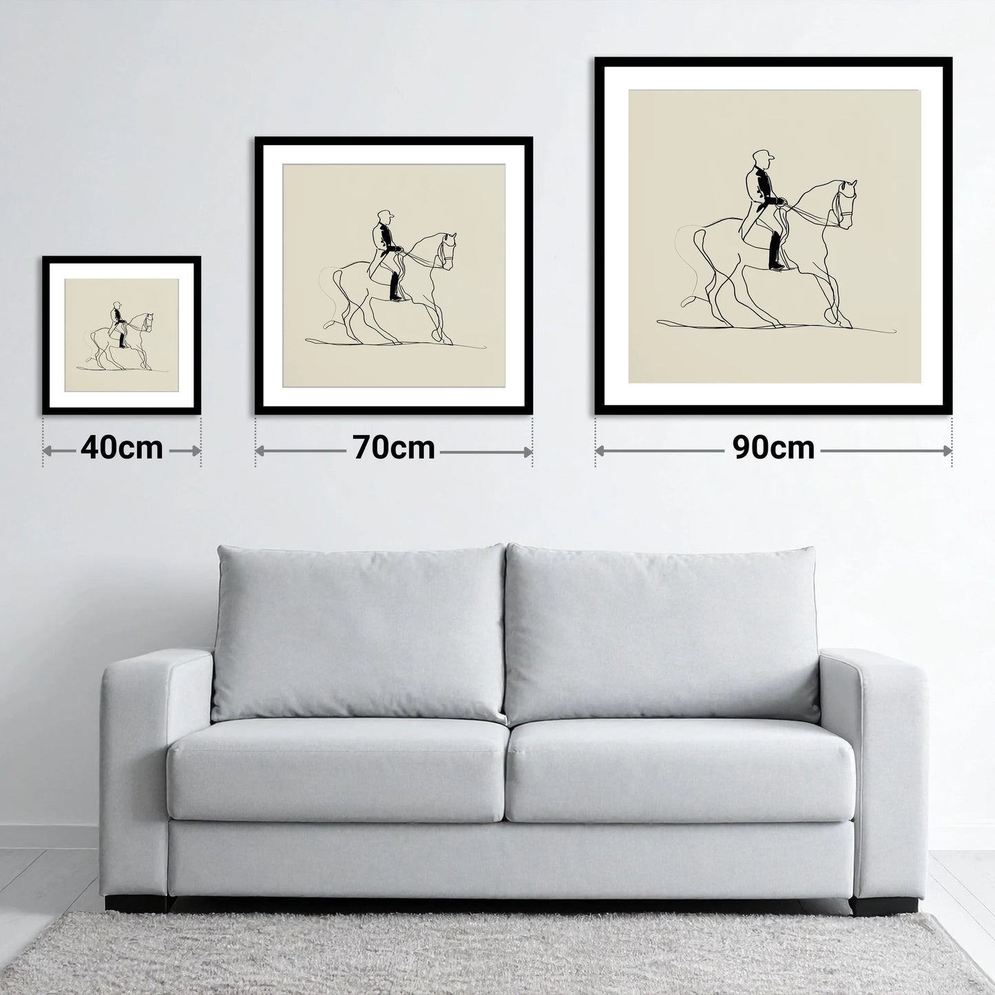 Elegance in Motion - size guide showing 40cm, 70cm and 90cm art prints