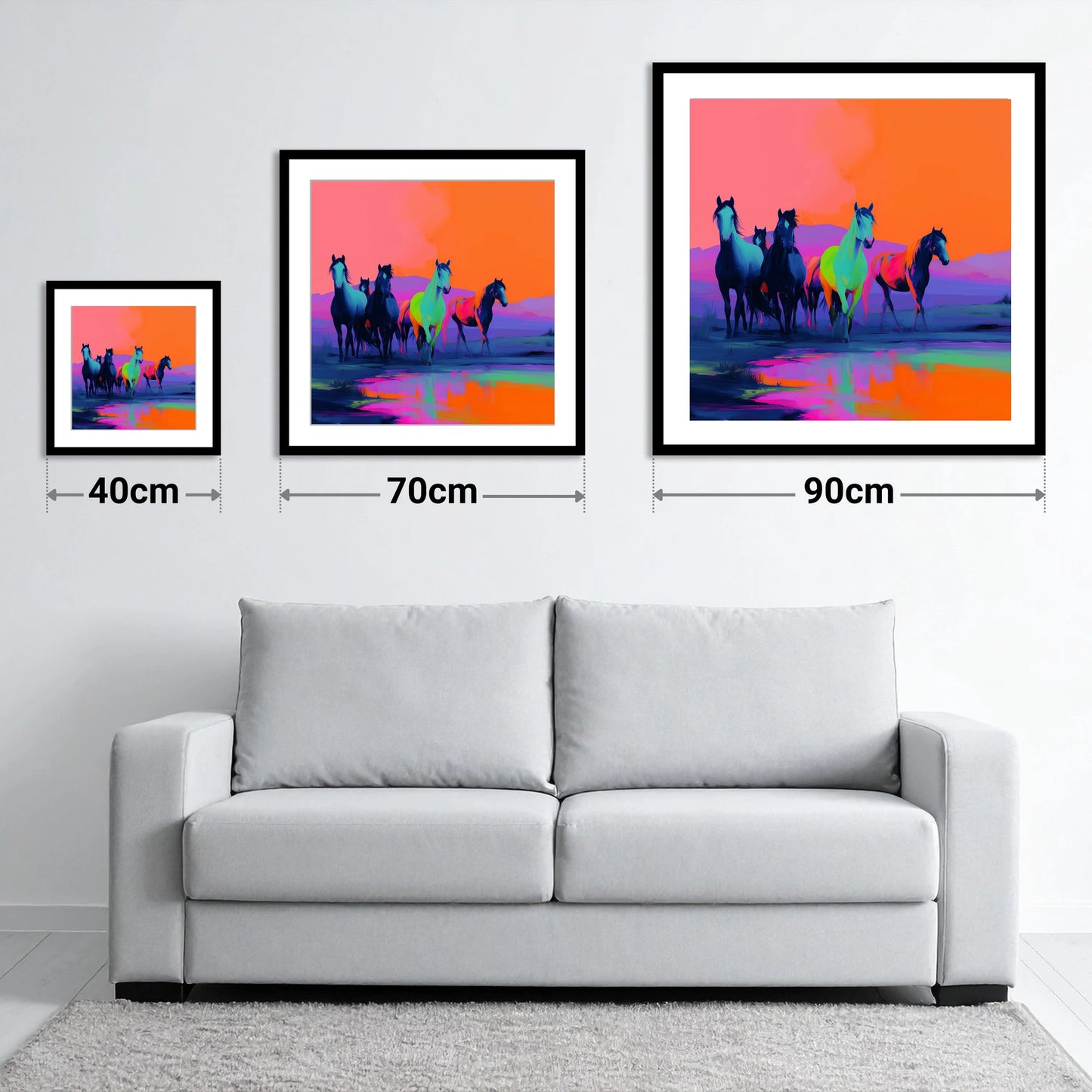 Electric Horizons - size guide showing 40cm, 70cm and 90cm art prints