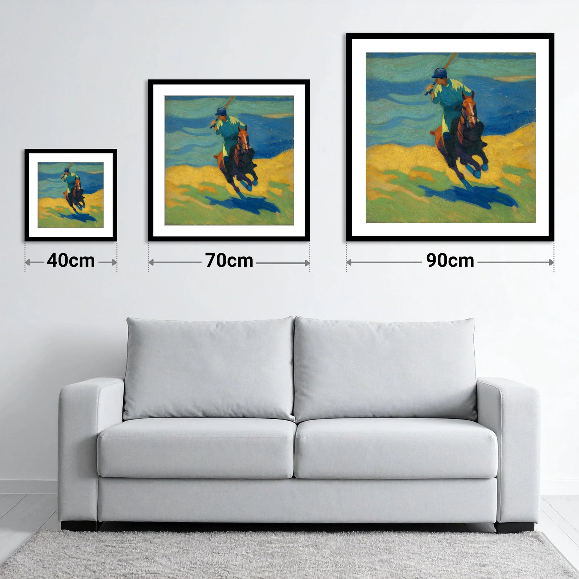 Vivid Polo Strike - size guide showing 40cm, 70cm and 90cm art prints