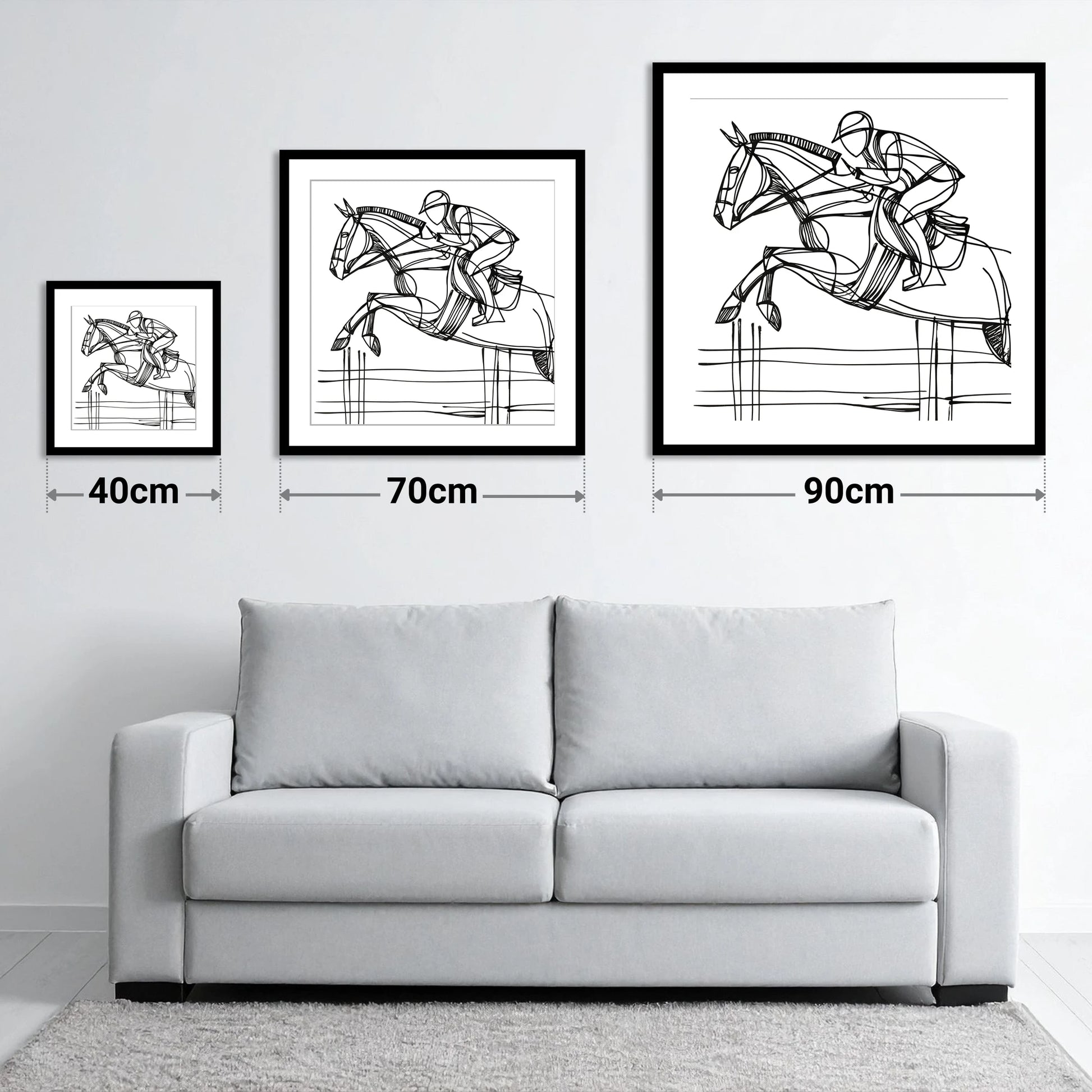 The Perfect Arc - size guide showing 40cm, 70cm and 90cm art prints