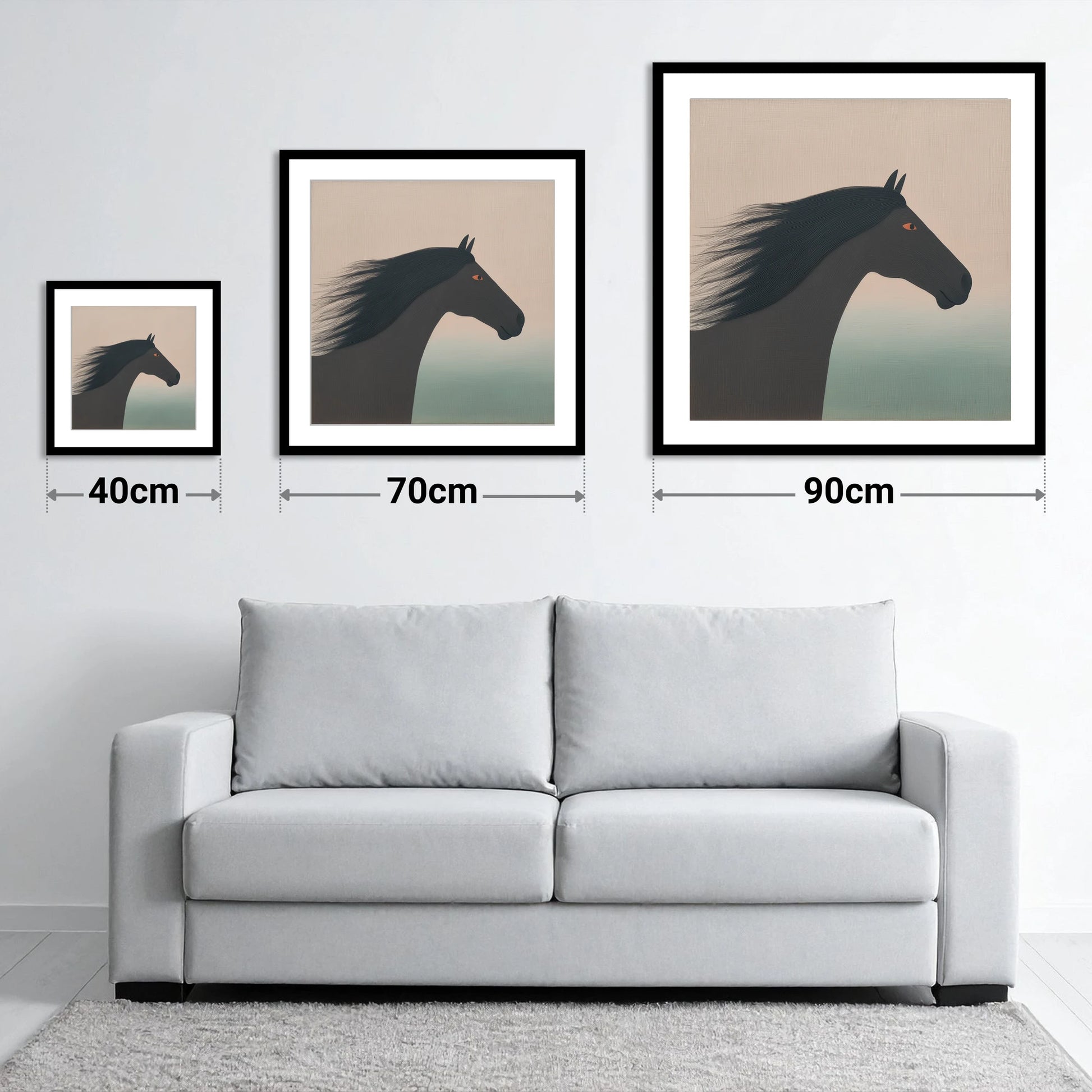 The Onyx Silhouette - size guide showing 40cm, 70cm and 90cm art prints