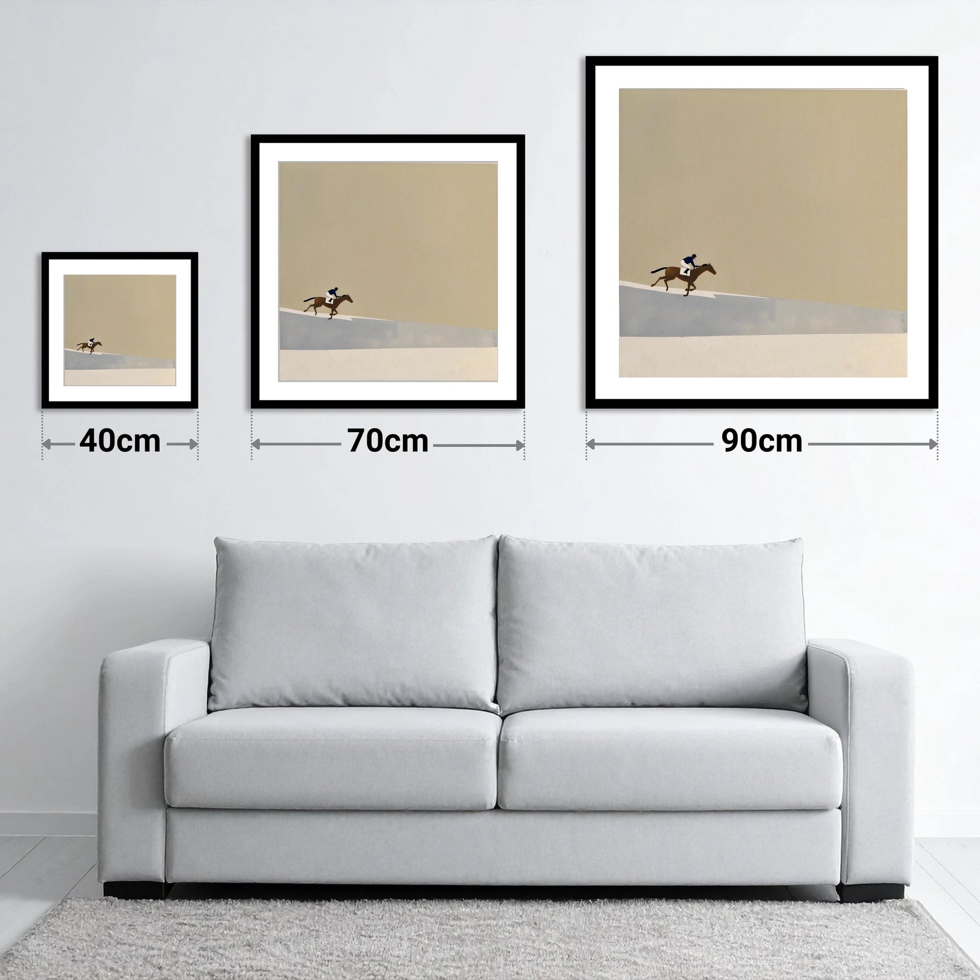 Morning On The Gallops - size guide showing 40cm, 70cm and 90cm art prints