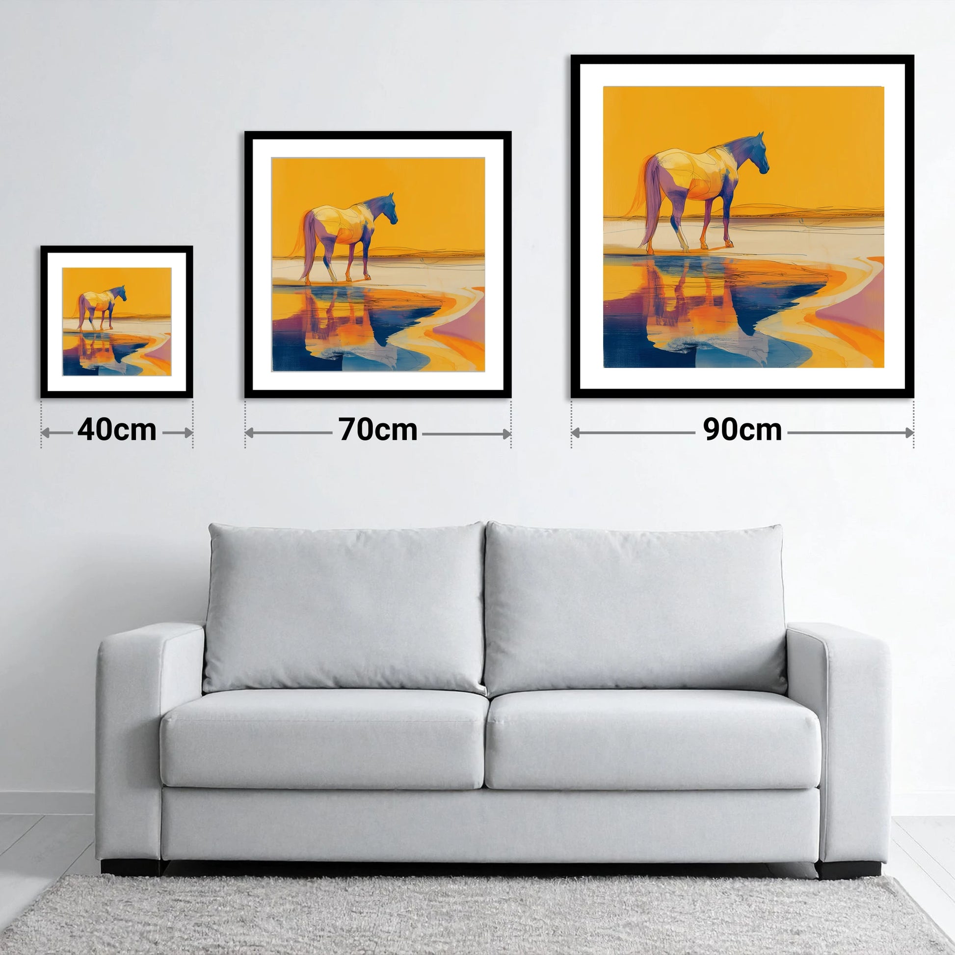 Golden Equine Mirage - size guide showing 40cm, 70cm and 90cm art prints