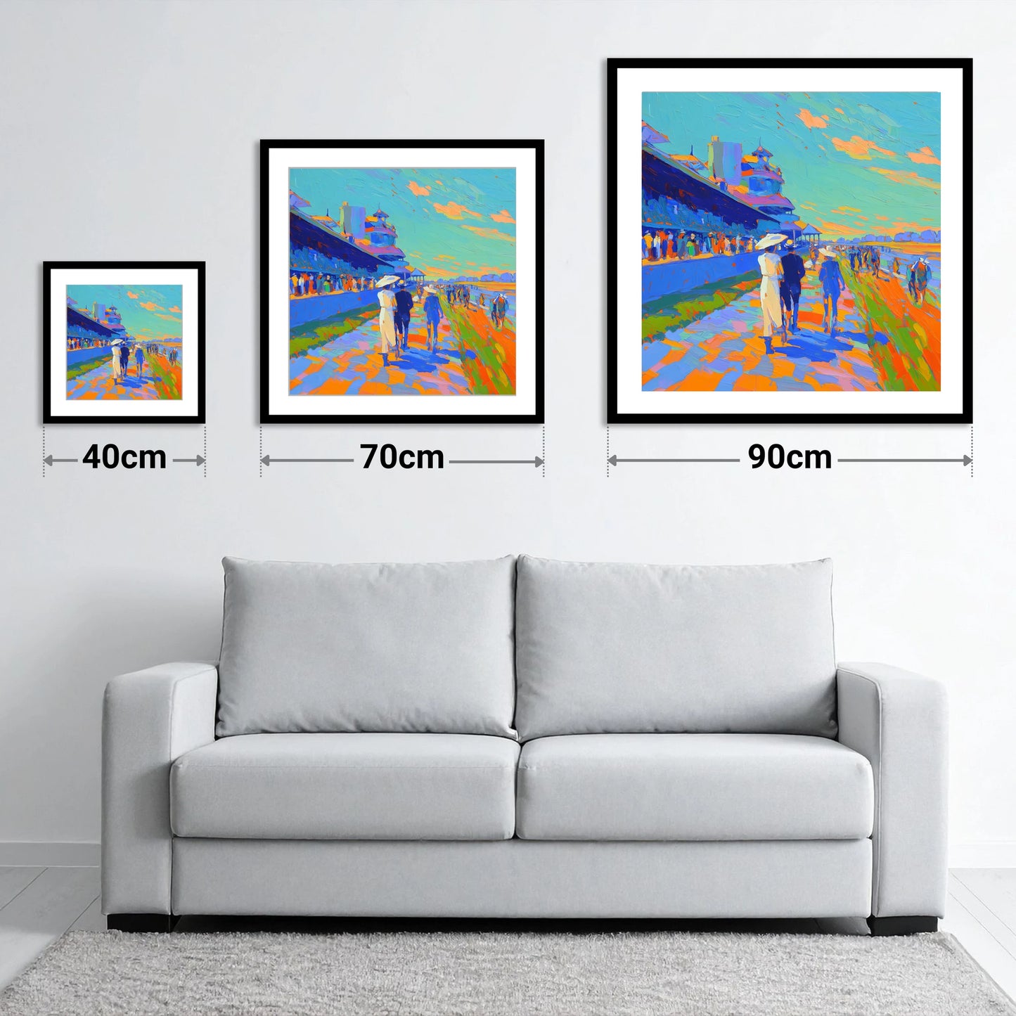 Vibrant Race Day Promenade - size guide showing 40cm, 70cm and 90cm art prints