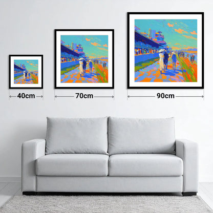 Vibrant Race Day Promenade - size guide showing 40cm, 70cm and 90cm art prints