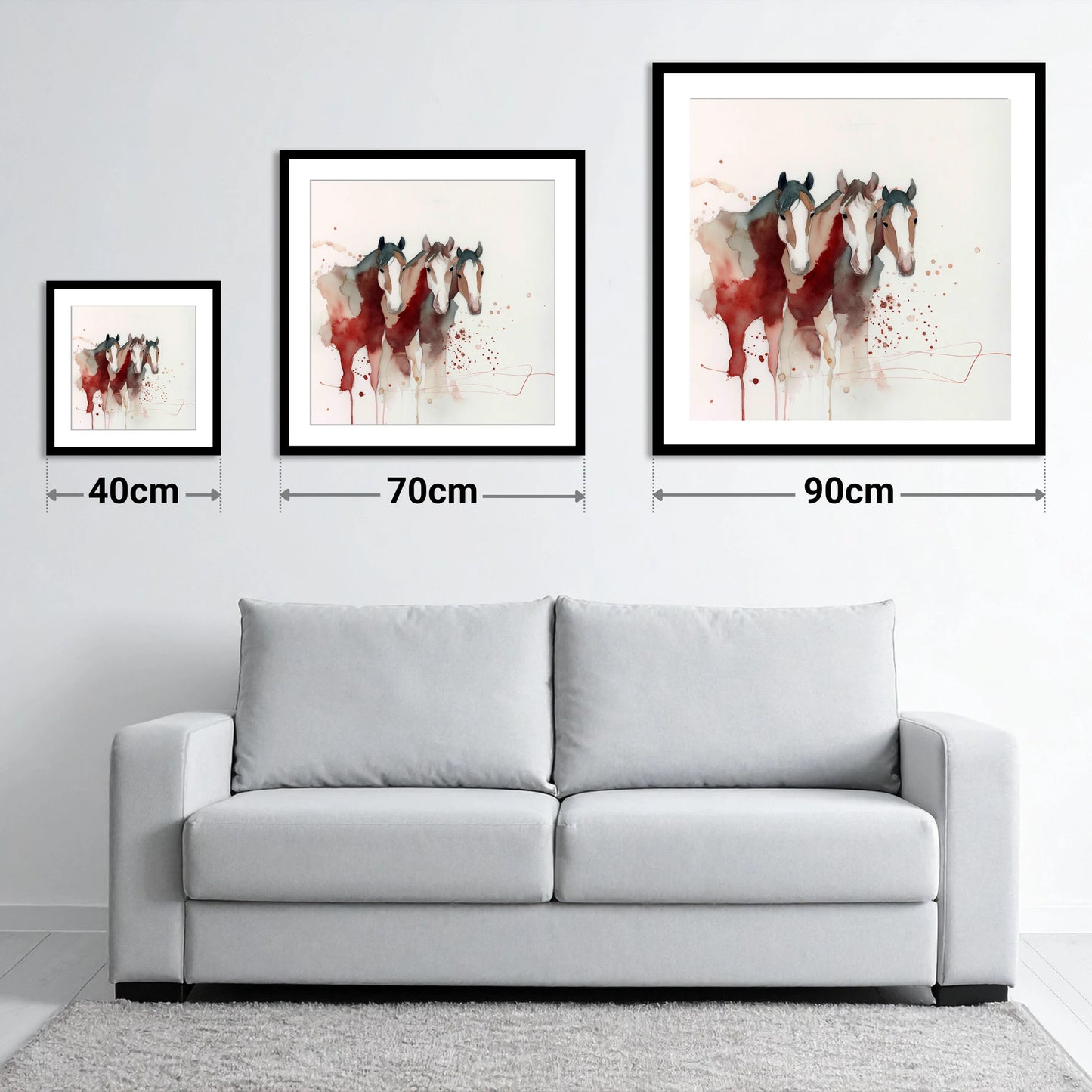 Crimson Companions - size guide showing 40cm, 70cm and 90cm art prints