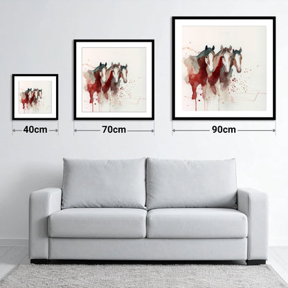 Crimson Companions - size guide showing 40cm, 70cm and 90cm art prints