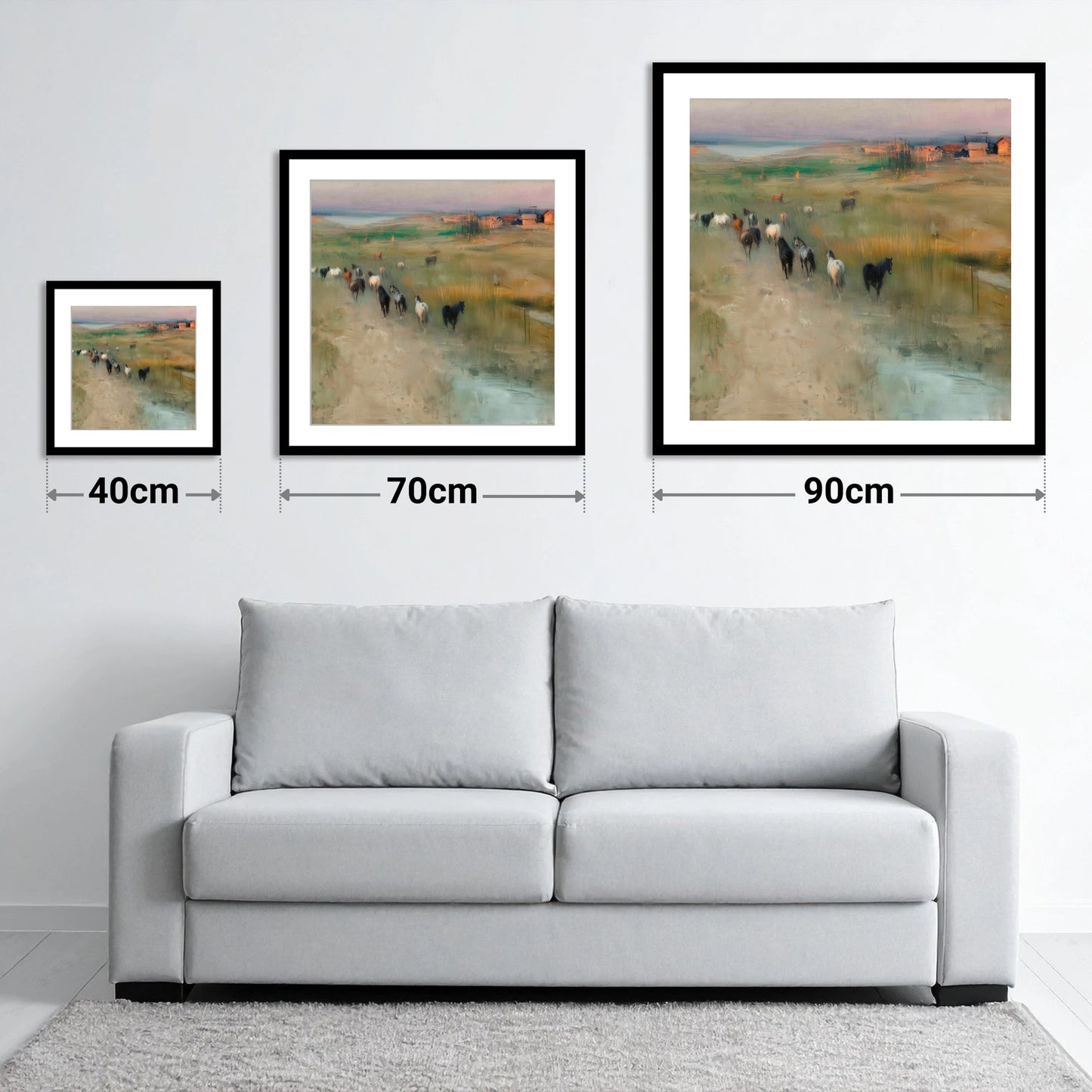 Roaming the Marshes - size guide showing 40cm, 70cm and 90cm art prints