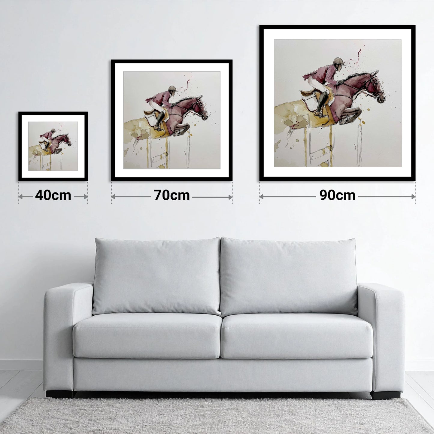 Burgundy Flight - size guide showing 40cm, 70cm and 90cm art prints