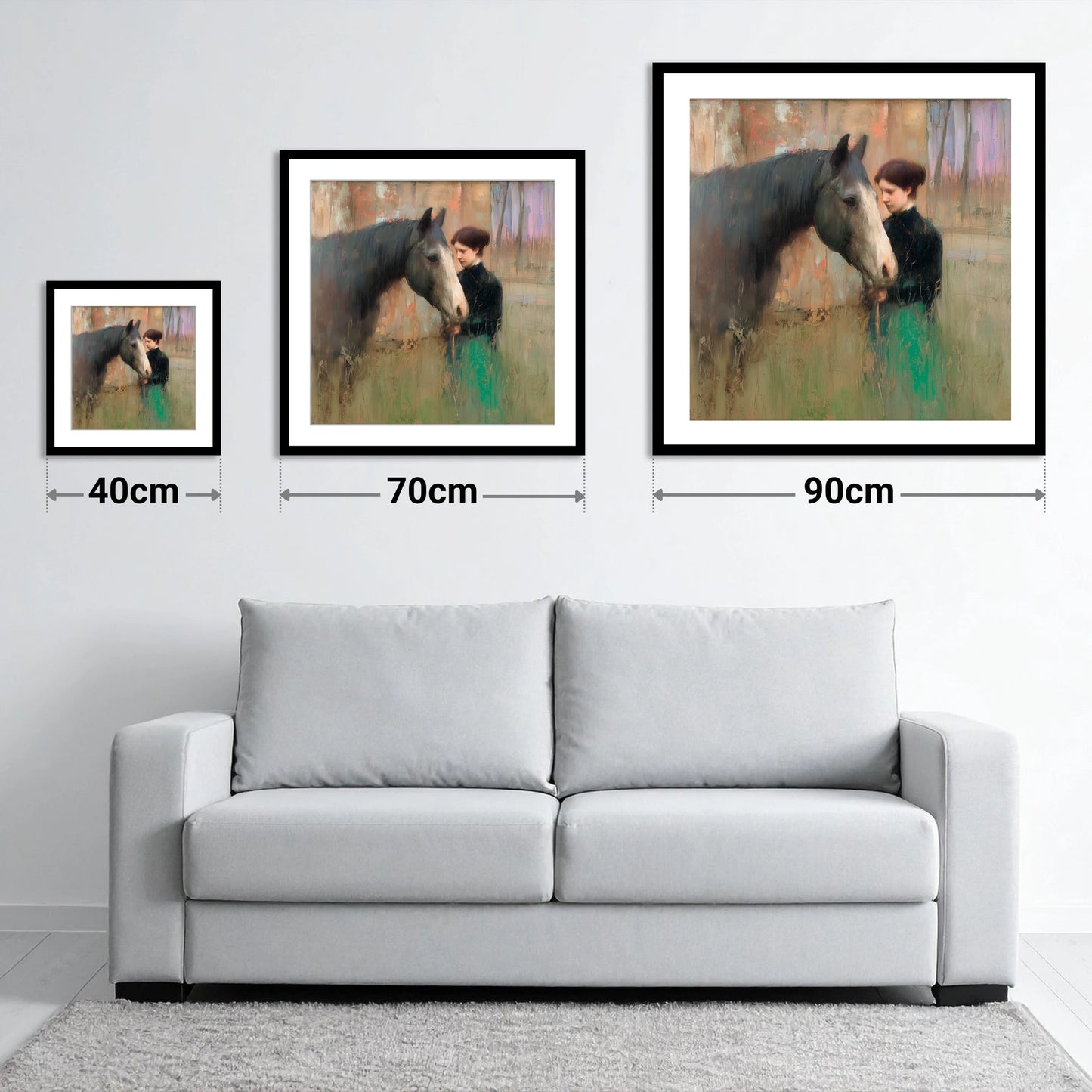 The Silent Bond - size guide showing 40cm, 70cm and 90cm art prints