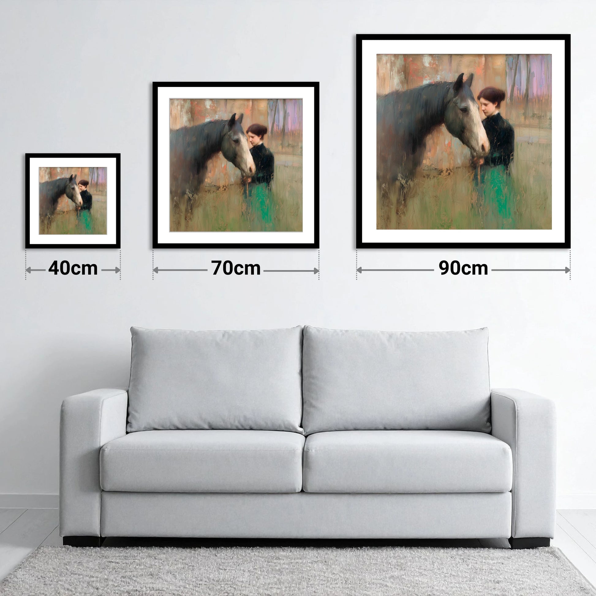 The Silent Bond - size guide showing 40cm, 70cm and 90cm art prints