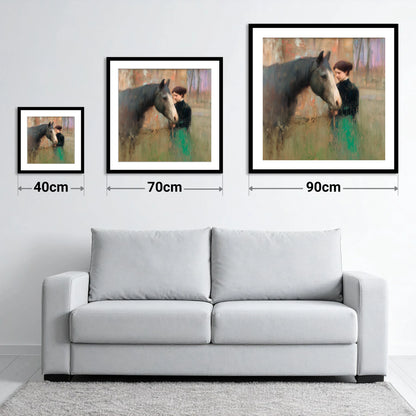 The Silent Bond - size guide showing 40cm, 70cm and 90cm art prints