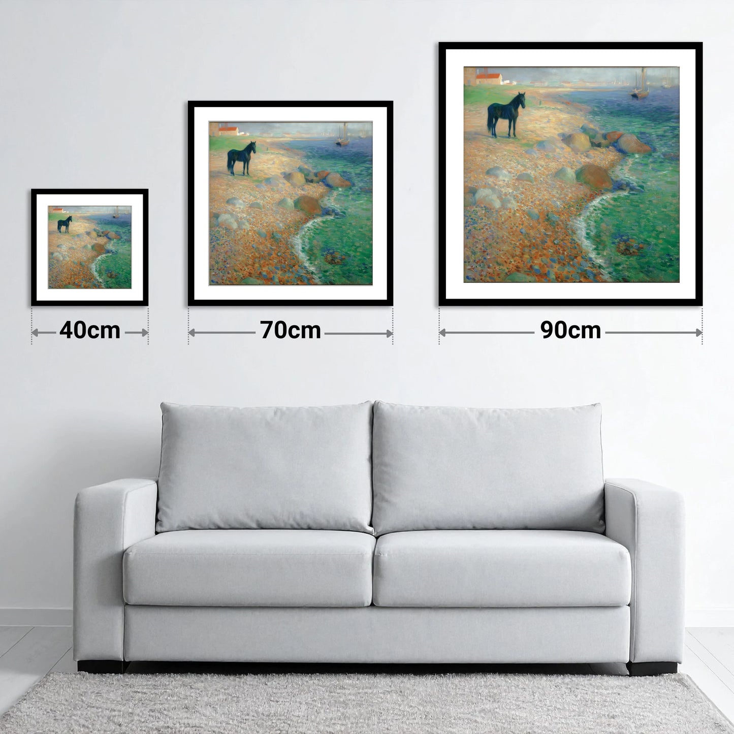 Shoreline Solitude - size guide showing 40cm, 70cm and 90cm art prints