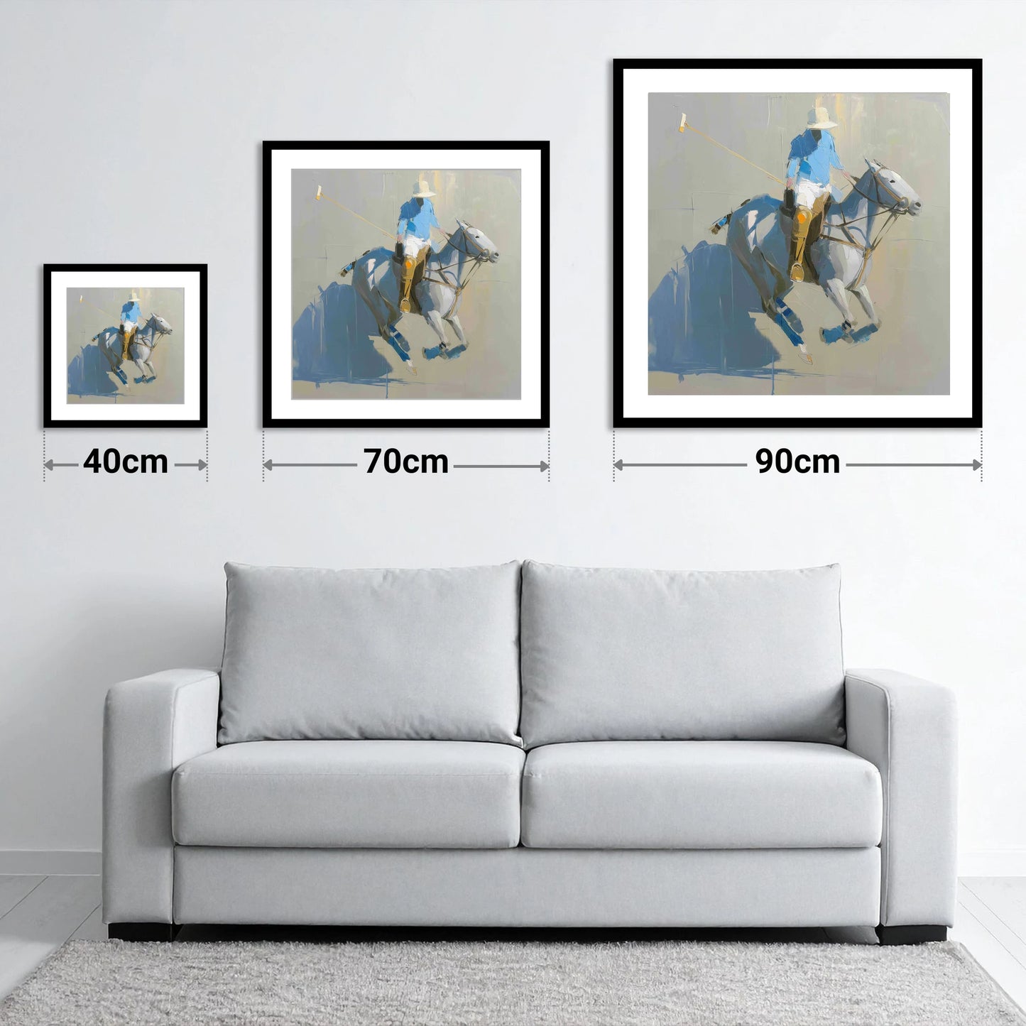 Slate Blue Chukka - size guide showing 40cm, 70cm and 90cm art prints