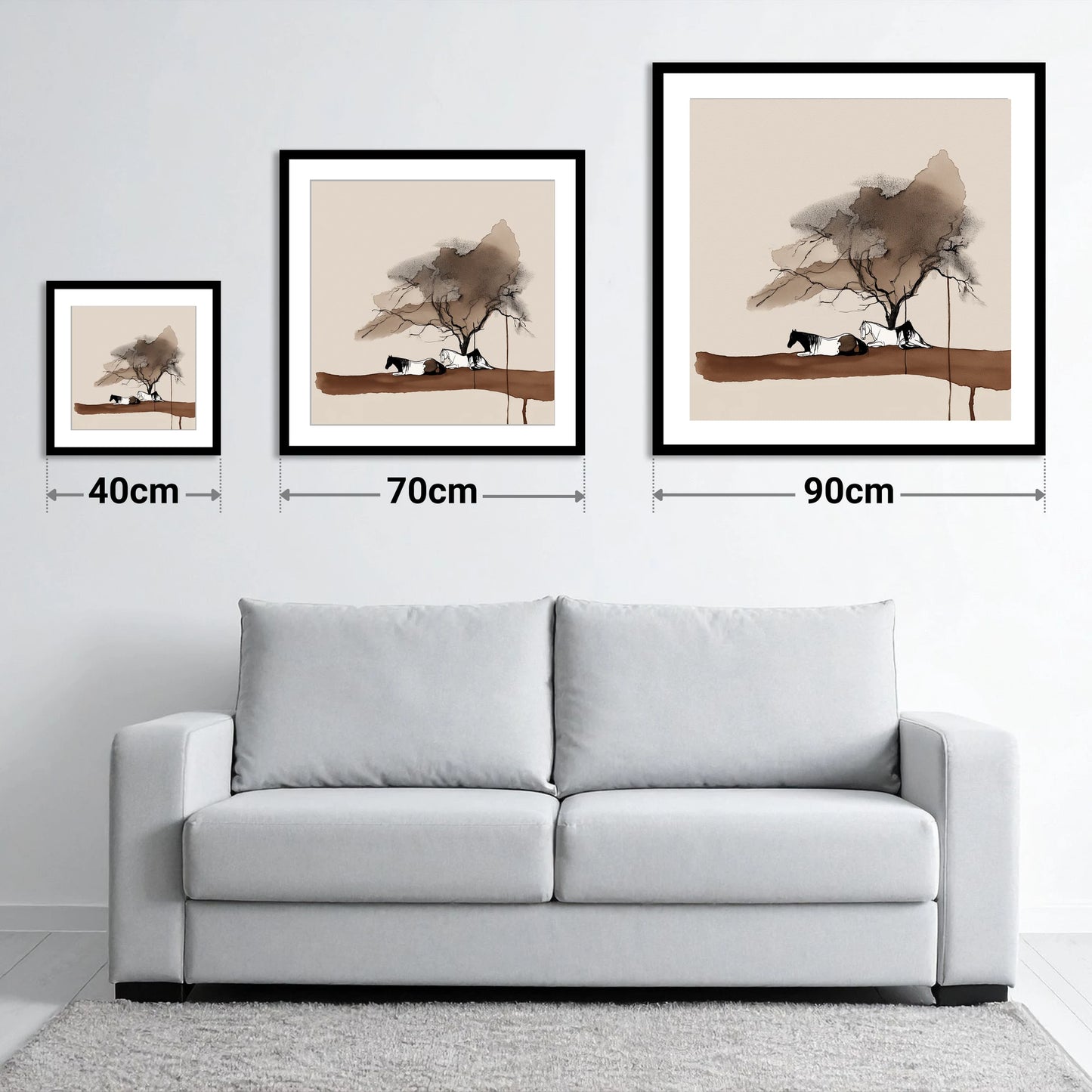 Resting Under the Canopy - size guide showing 40cm, 70cm and 90cm art prints
