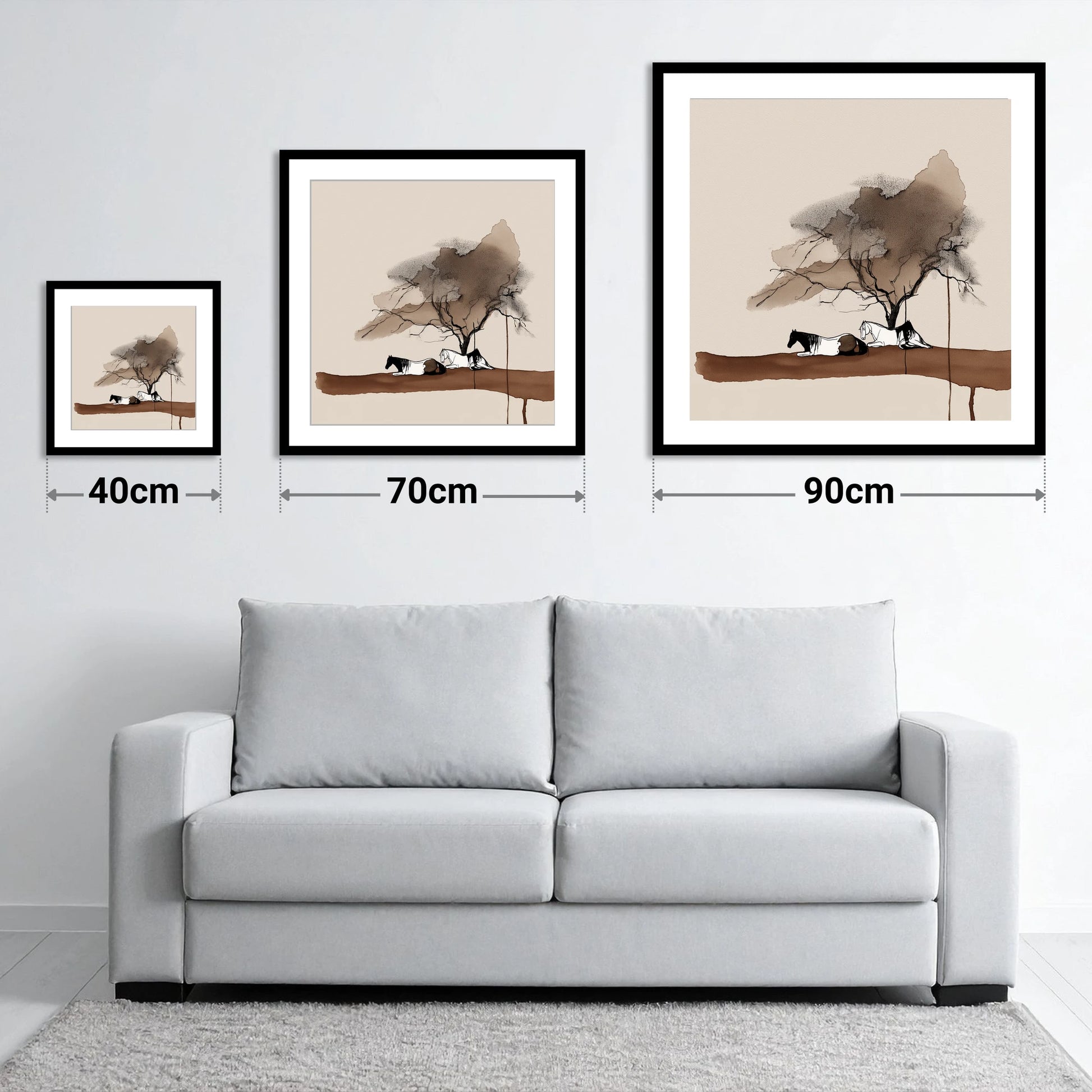 Resting Under the Canopy - size guide showing 40cm, 70cm and 90cm art prints