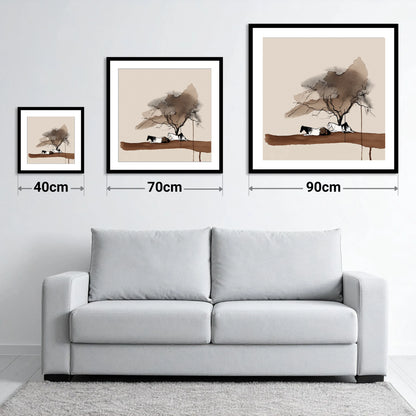 Resting Under the Canopy - size guide showing 40cm, 70cm and 90cm art prints