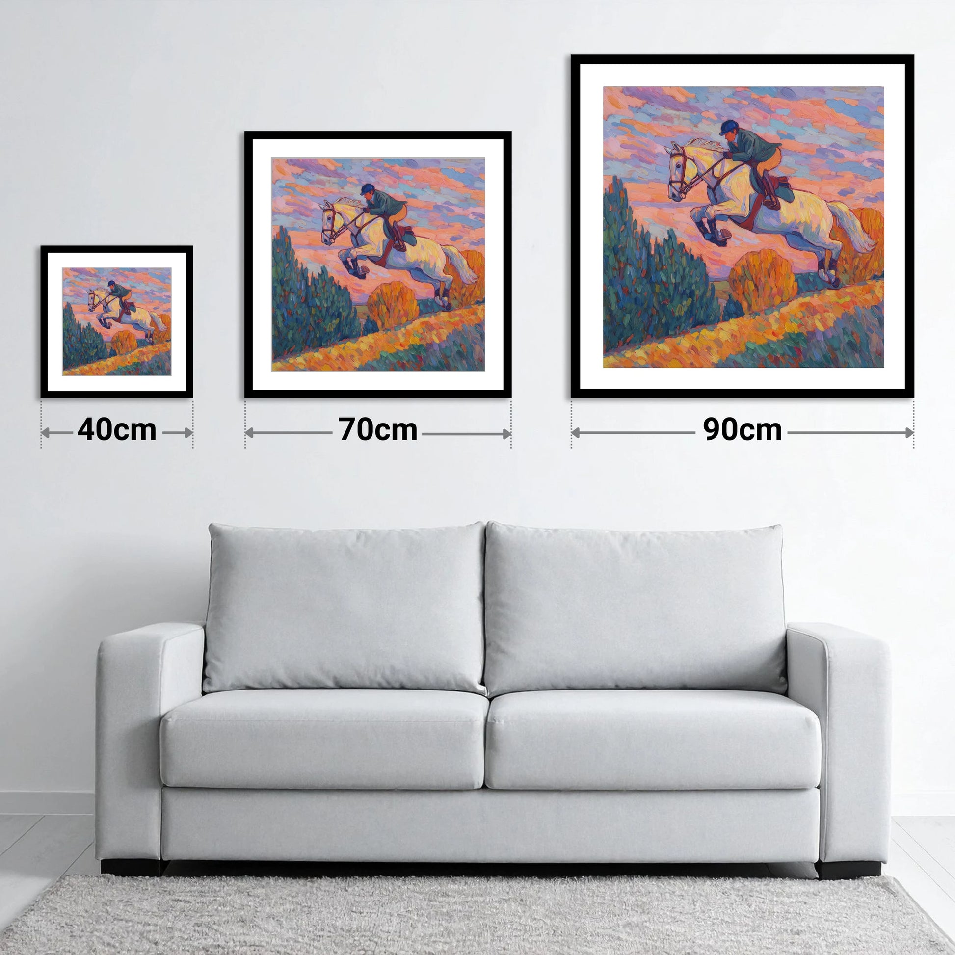 Airborne at Dusk - size guide showing 40cm, 70cm and 90cm art prints