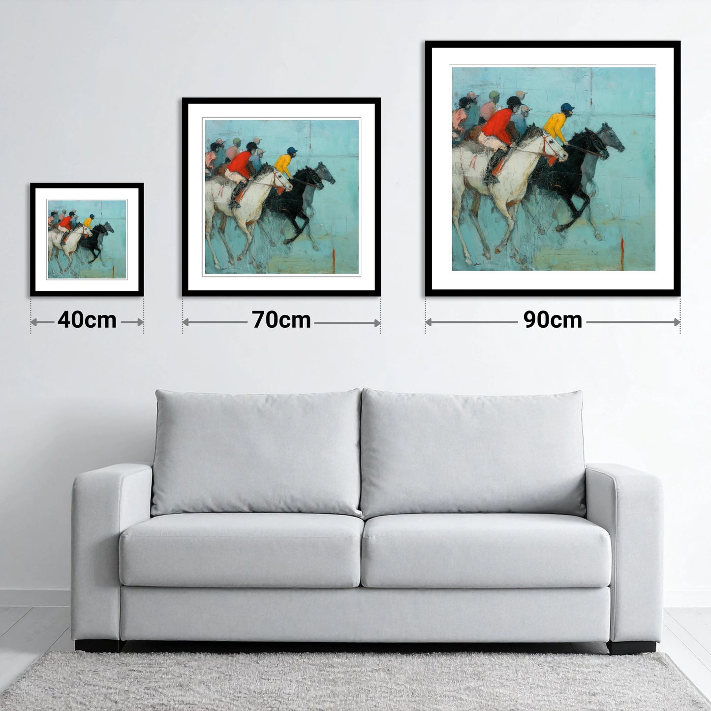 The Inside Rail - size guide showing 40cm, 70cm and 90cm art prints