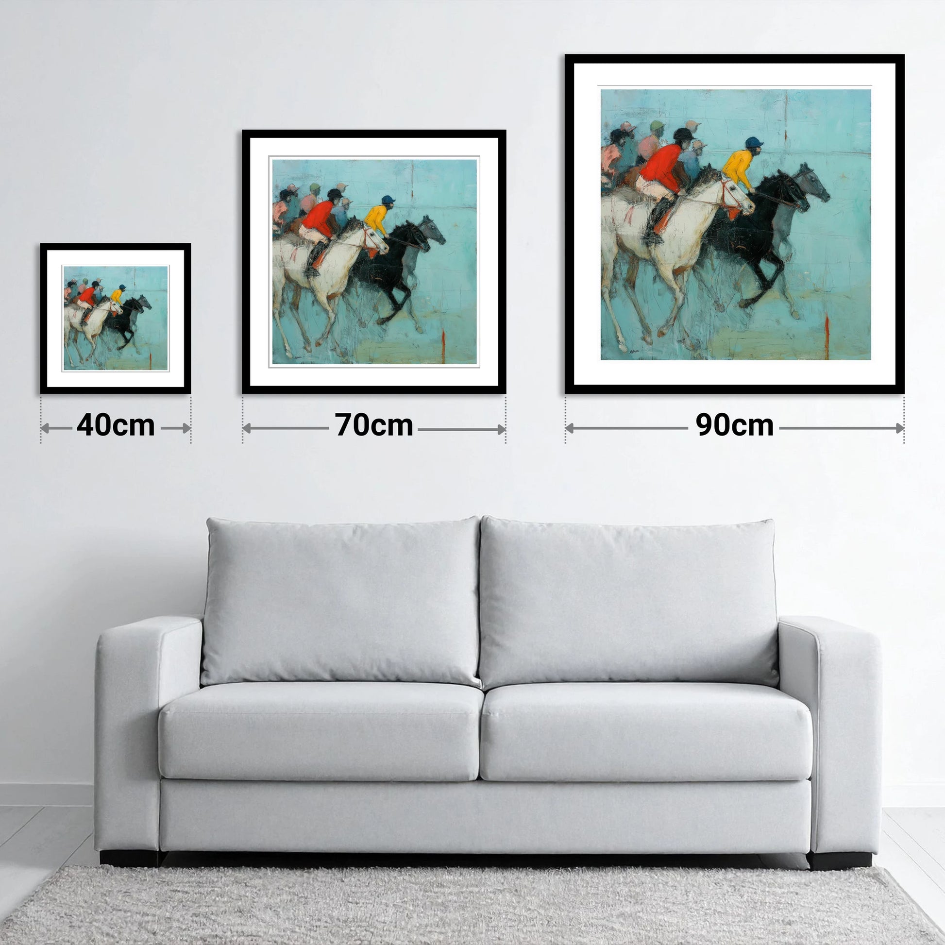 The Inside Rail - size guide showing 40cm, 70cm and 90cm art prints