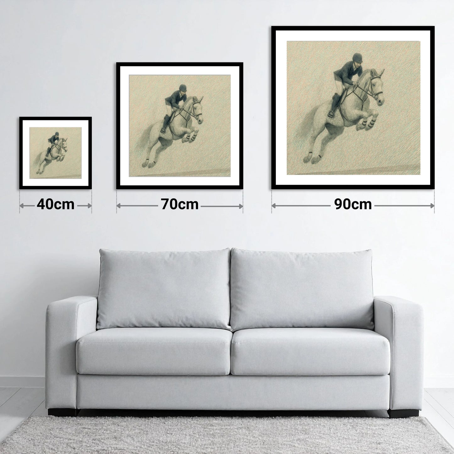 Precision in Flight - size guide showing 40cm, 70cm and 90cm art prints