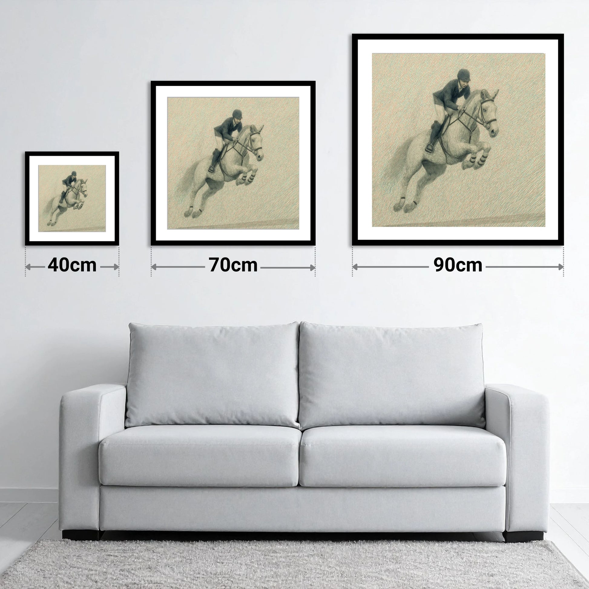 Precision in Flight - size guide showing 40cm, 70cm and 90cm art prints