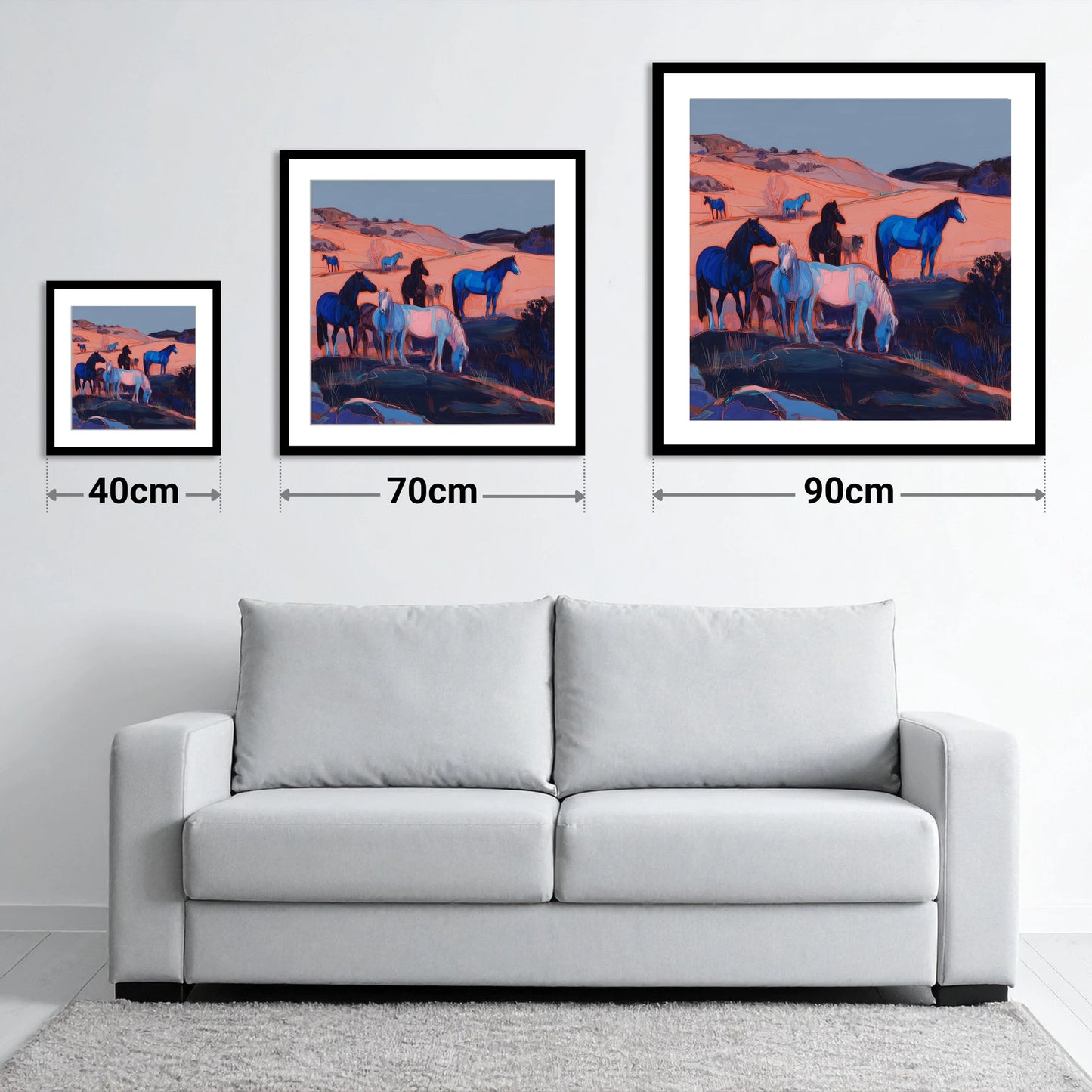 Indigo Herd at Dusk - size guide showing 40cm, 70cm and 90cm art prints