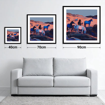 Indigo Herd at Dusk - size guide showing 40cm, 70cm and 90cm art prints