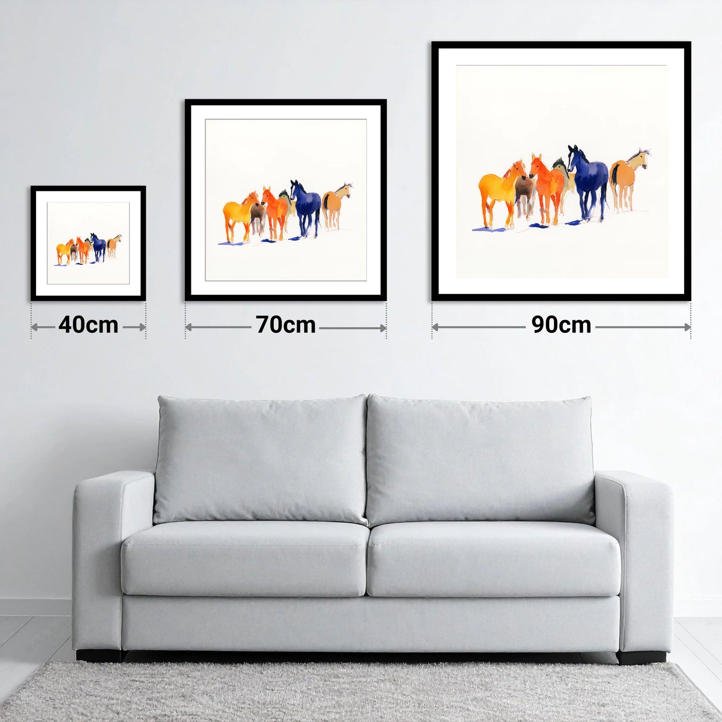 Vibrant Herd - size guide showing 40cm, 70cm and 90cm art prints