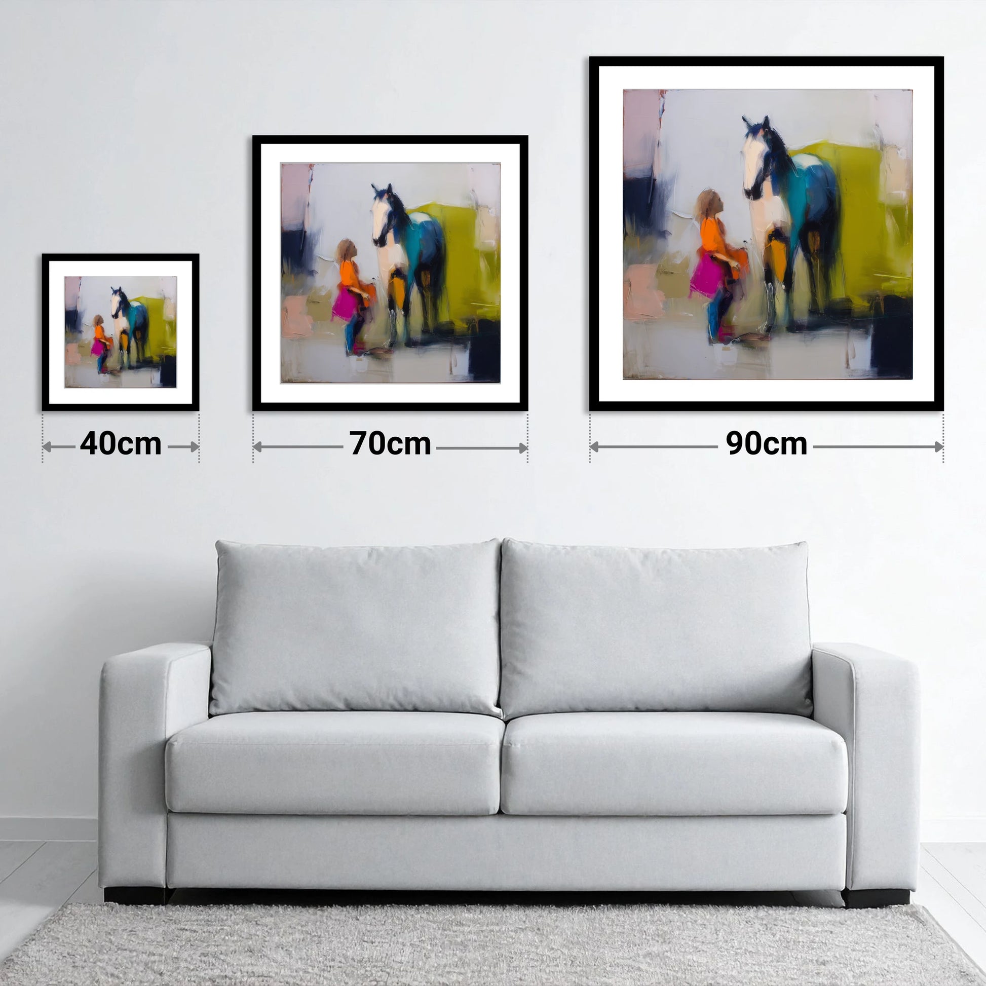 A Bold Understanding - size guide showing 40cm, 70cm and 90cm art prints