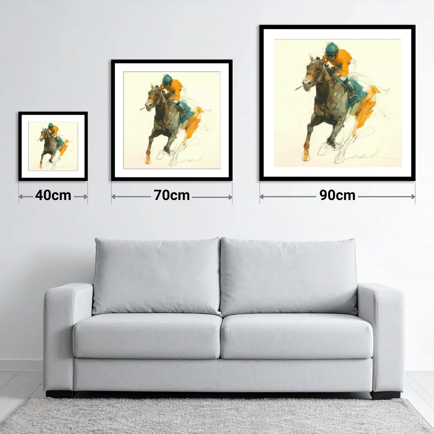 Surge of Colour - size guide showing 40cm, 70cm and 90cm art prints