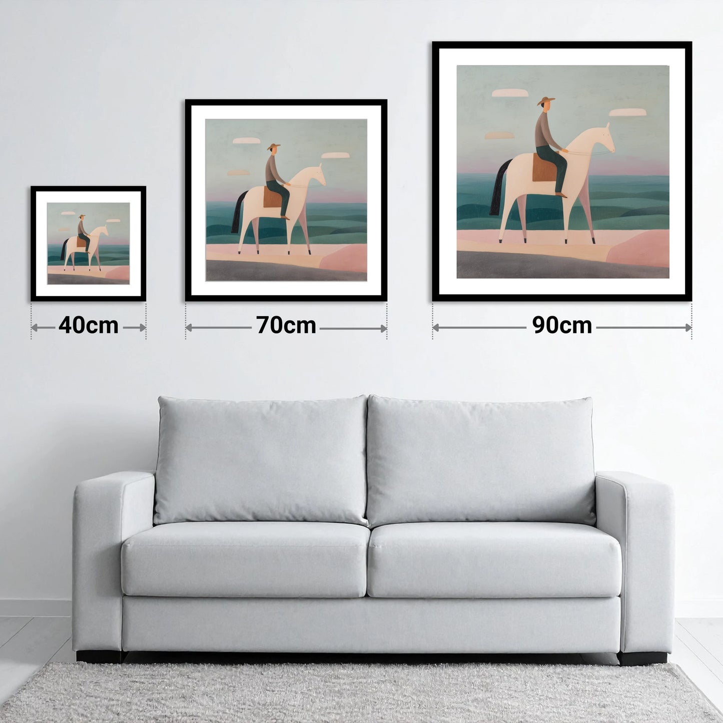 Minimalist Coastal Rider - size guide showing 40cm, 70cm and 90cm art prints