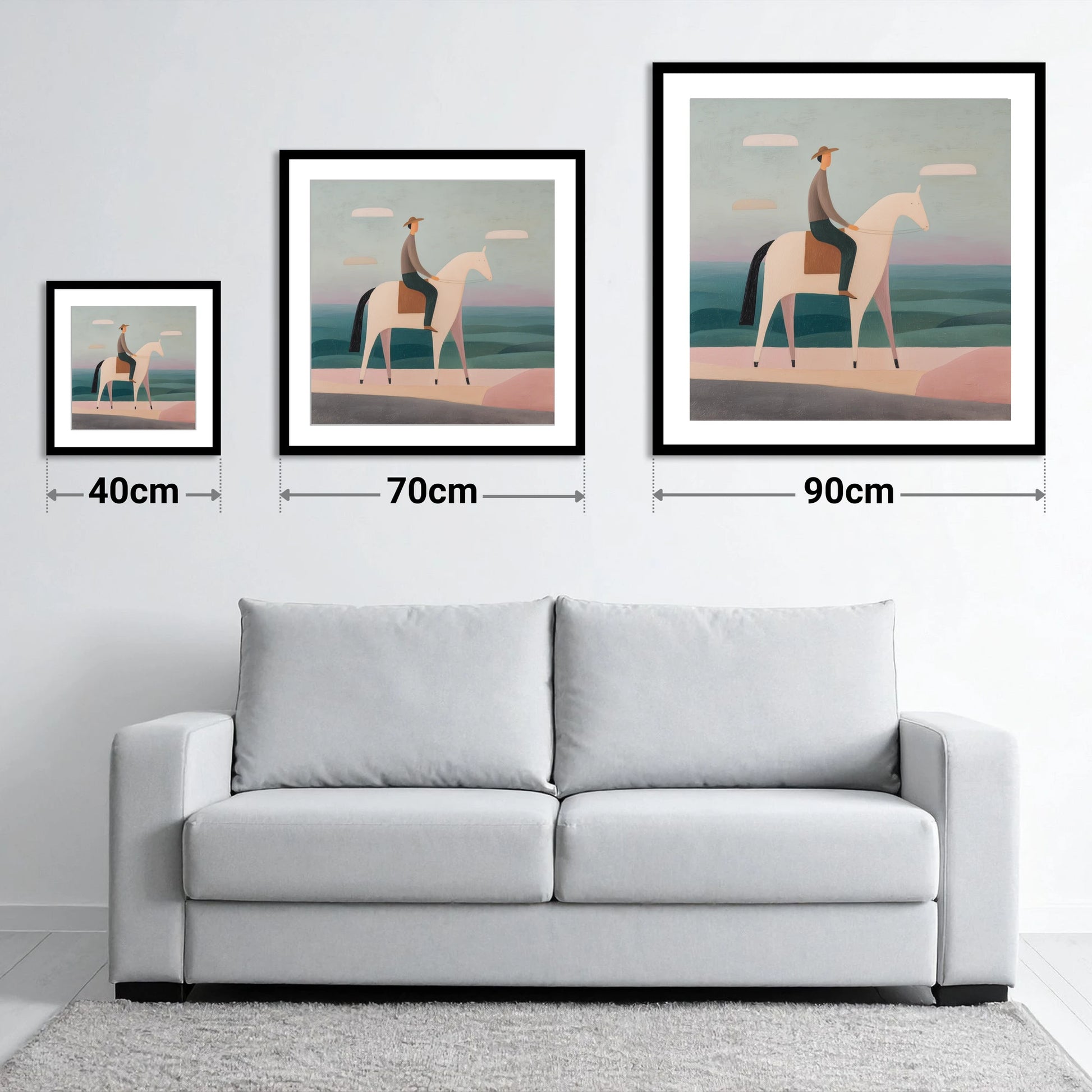 Minimalist Coastal Rider - size guide showing 40cm, 70cm and 90cm art prints