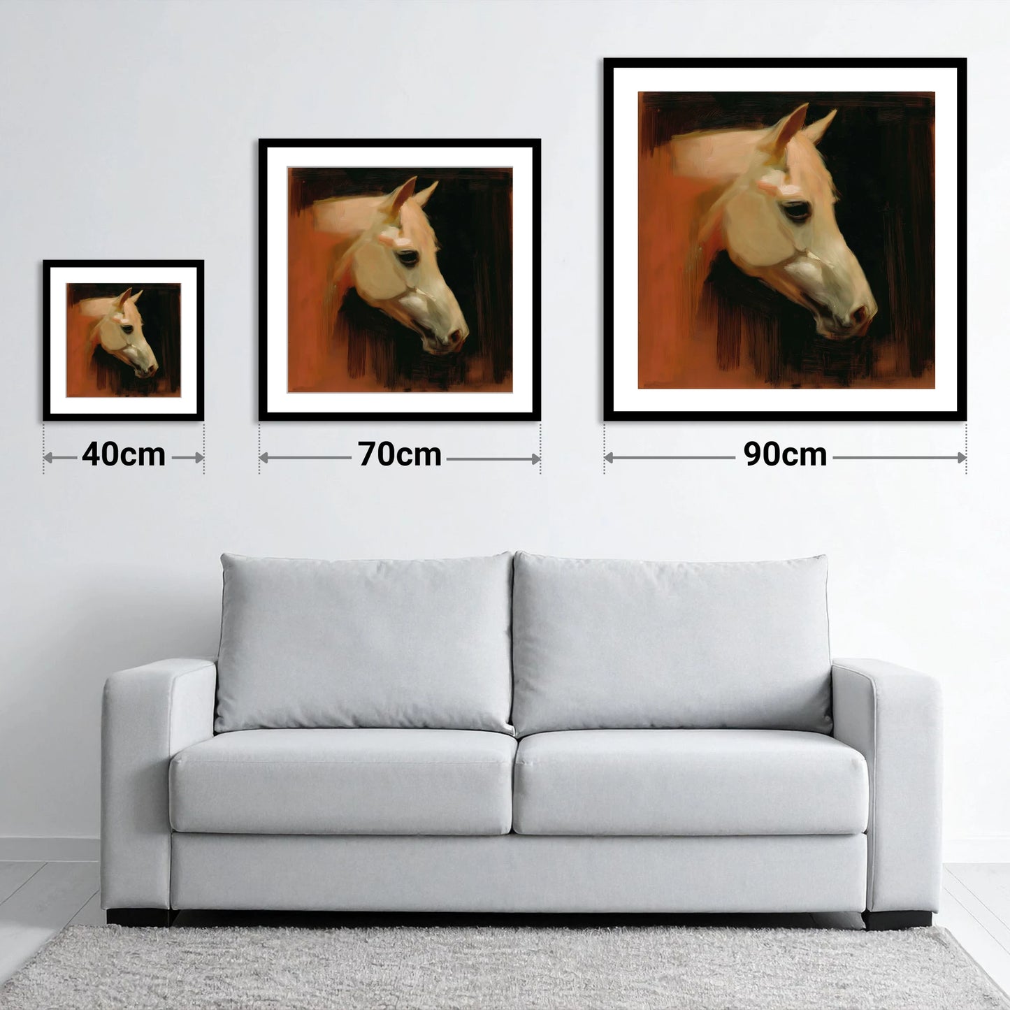 The Terracotta Portrait - size guide showing 40cm, 70cm and 90cm art prints