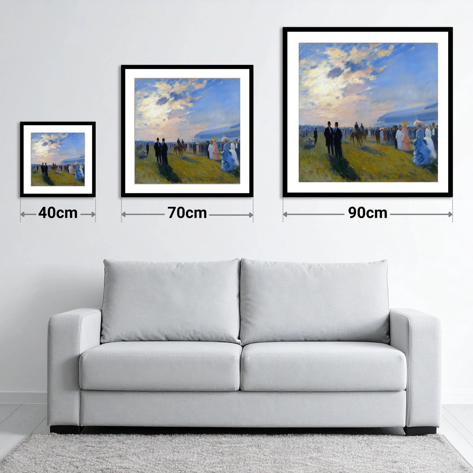 Society at the Races - size guide showing 40cm, 70cm and 90cm art prints