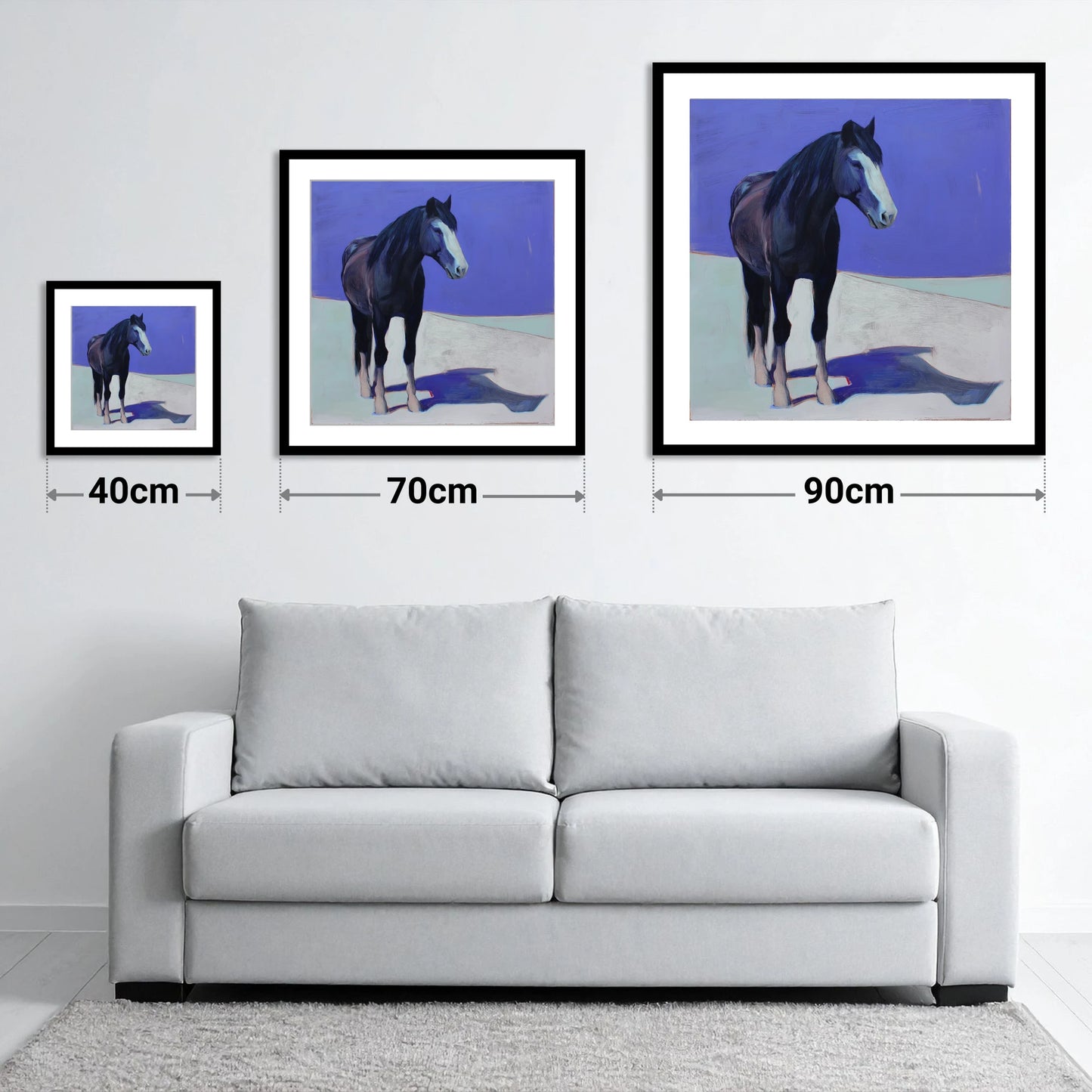 Indigo Solitude - size guide showing 40cm, 70cm and 90cm art prints