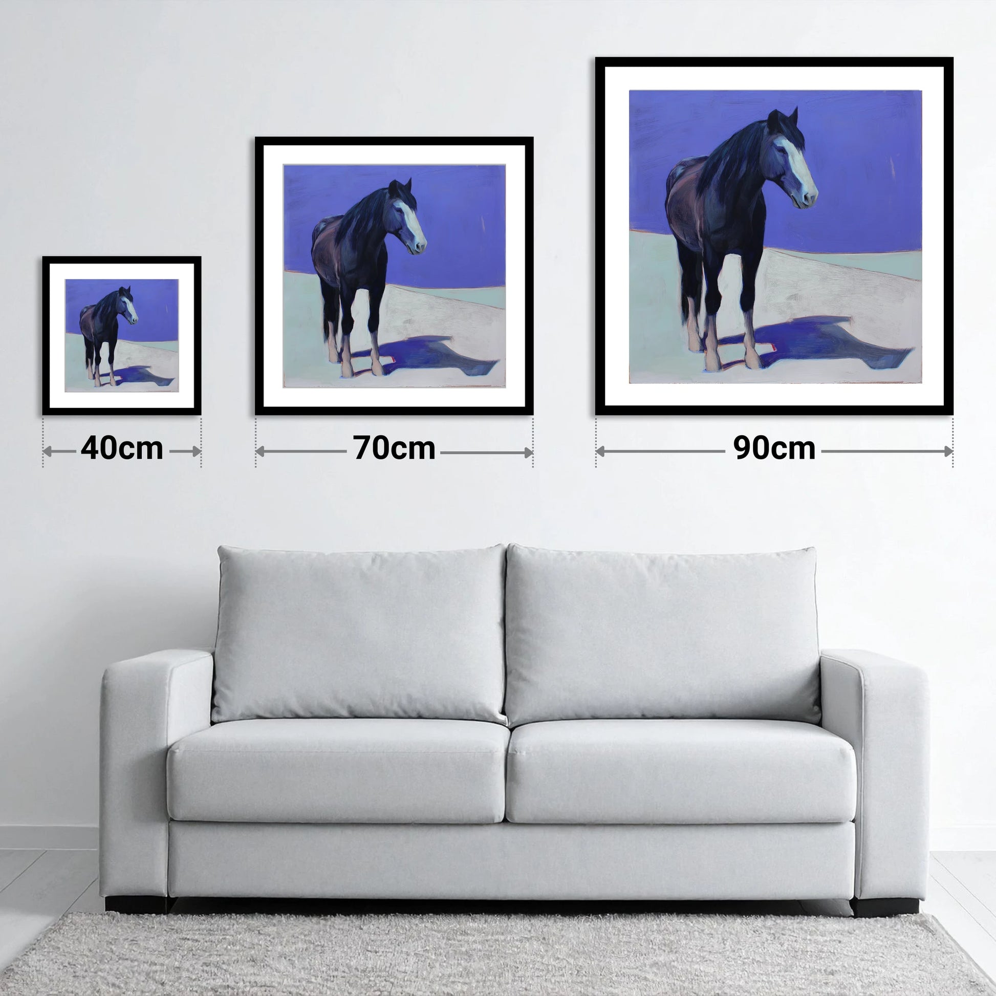 Indigo Solitude - size guide showing 40cm, 70cm and 90cm art prints