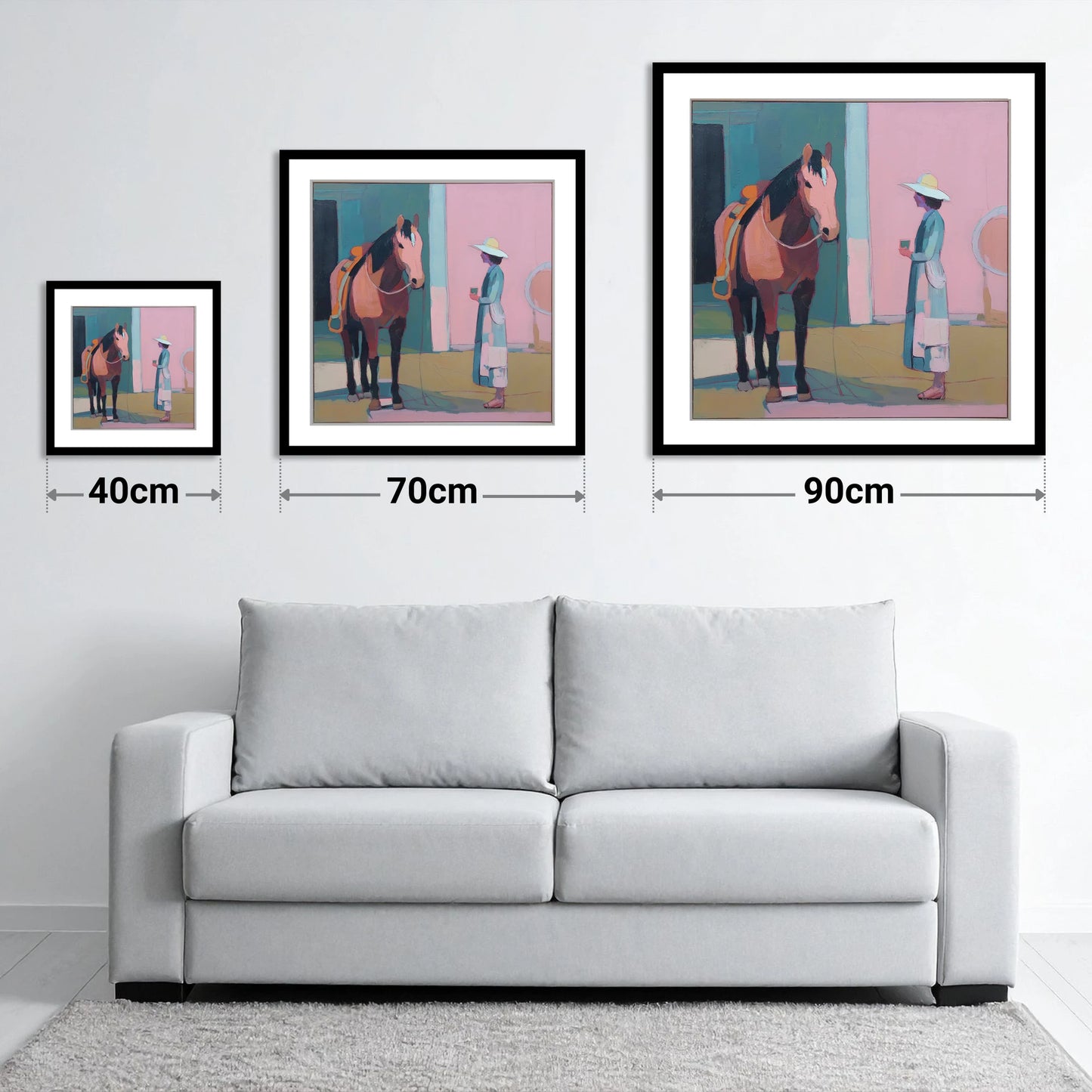 A Moment of Stillness - size guide showing 40cm, 70cm and 90cm art prints