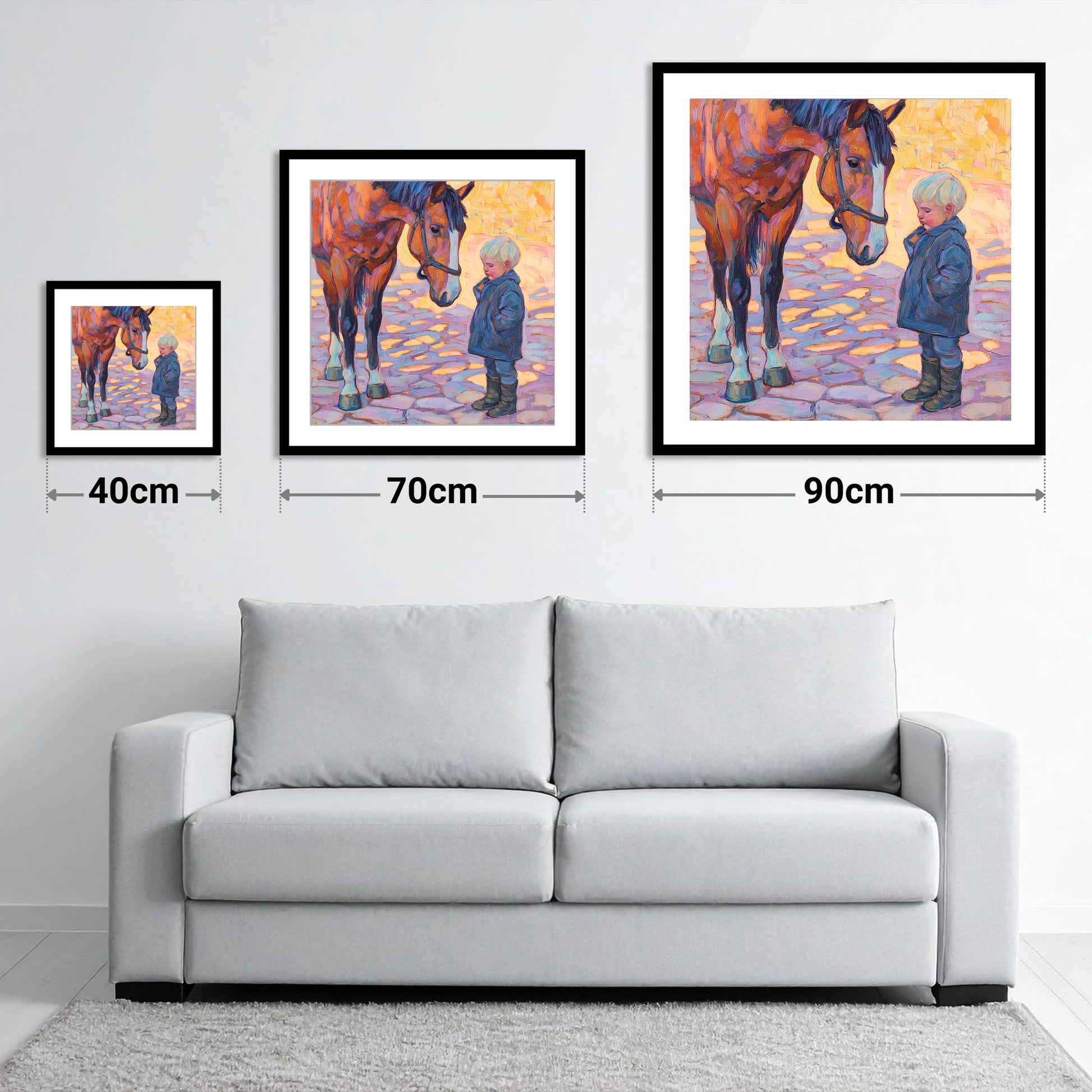 The Gentle Encounter - size guide showing 40cm, 70cm and 90cm art prints