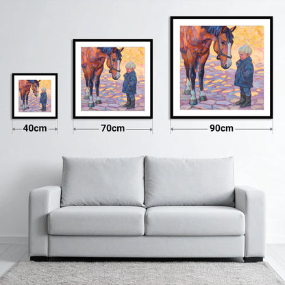 The Gentle Encounter - size guide showing 40cm, 70cm and 90cm art prints