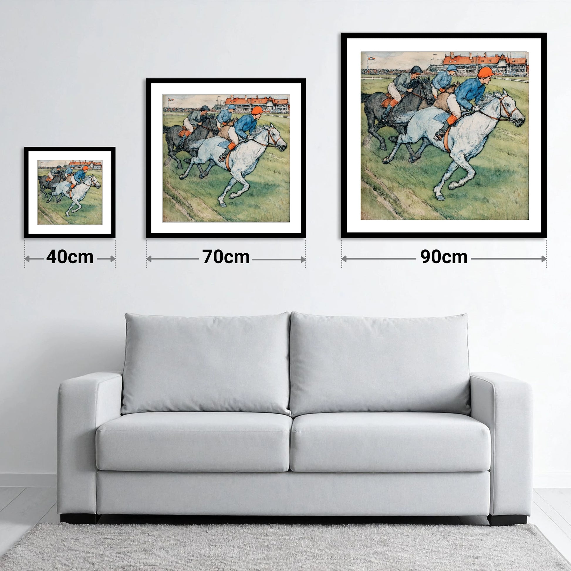 The Final Furlong - size guide showing 40cm, 70cm and 90cm art prints