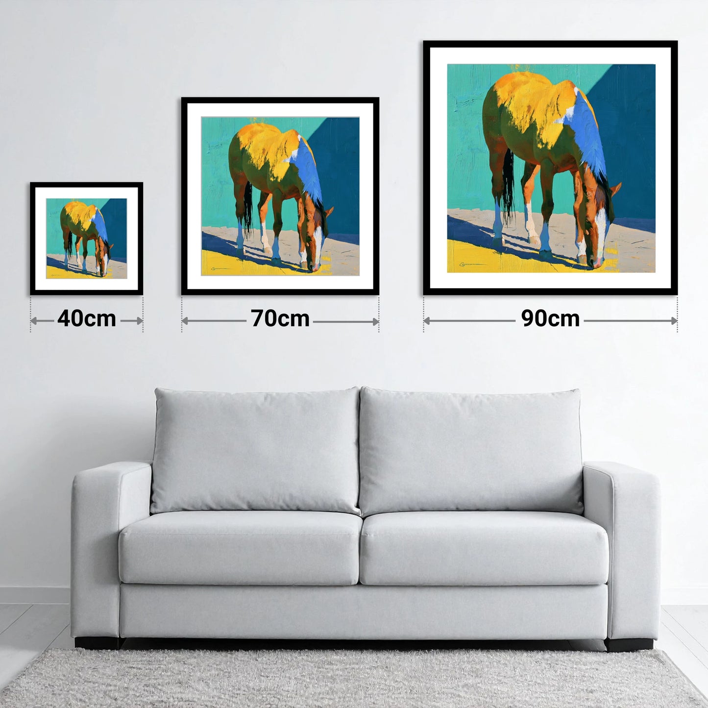 Grazing Horse in Vibrant Light - size guide showing 40cm, 70cm and 90cm art prints