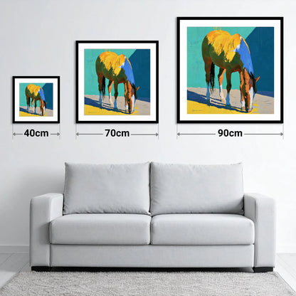 Grazing Horse in Vibrant Light - size guide showing 40cm, 70cm and 90cm art prints